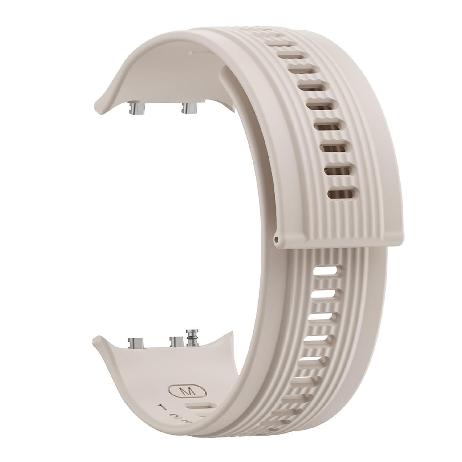 Beiges Uhrenarmband mit Löchern. Das Armband ist gebogen. Es hat einen Verschluss und kleine Metallstücke zur Befestigung.