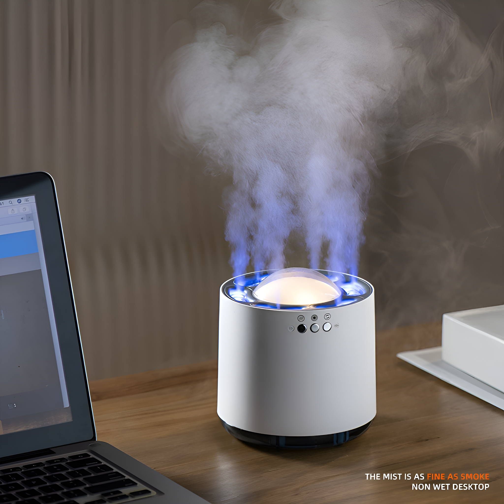 Ein weißer und schwarzer Luftbefeuchter mit aufsteigendem blauem Nebel. Er steht auf einem Holztisch neben einem Laptop.