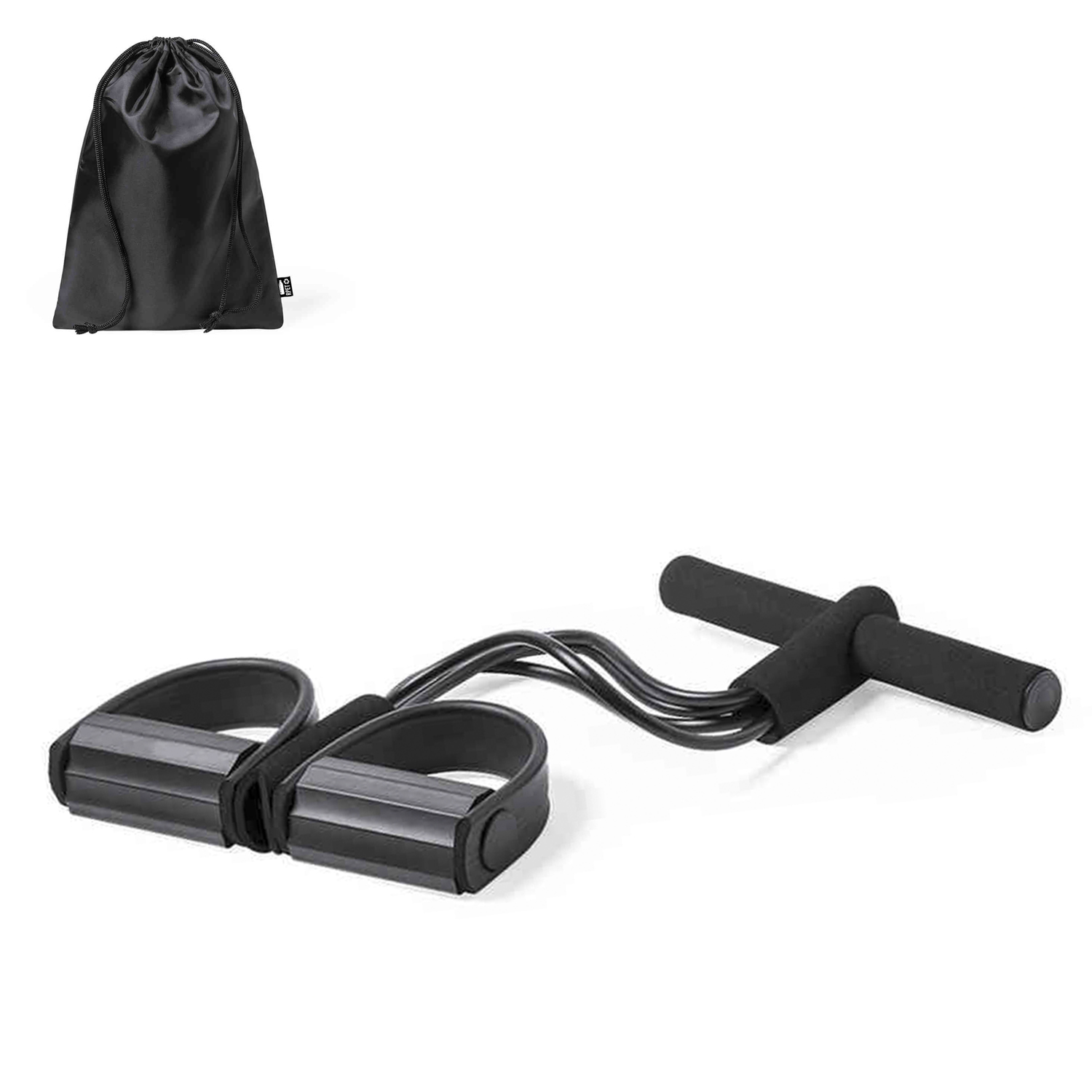 Attrezzo fitness con fascia di resistenza nera con maniglie e borsa portaoggetti.