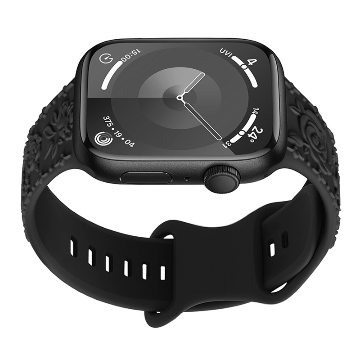 Schwarze Smartwatch mit schwarzem Armband mit Blumenmuster auf weißem Hintergrund.