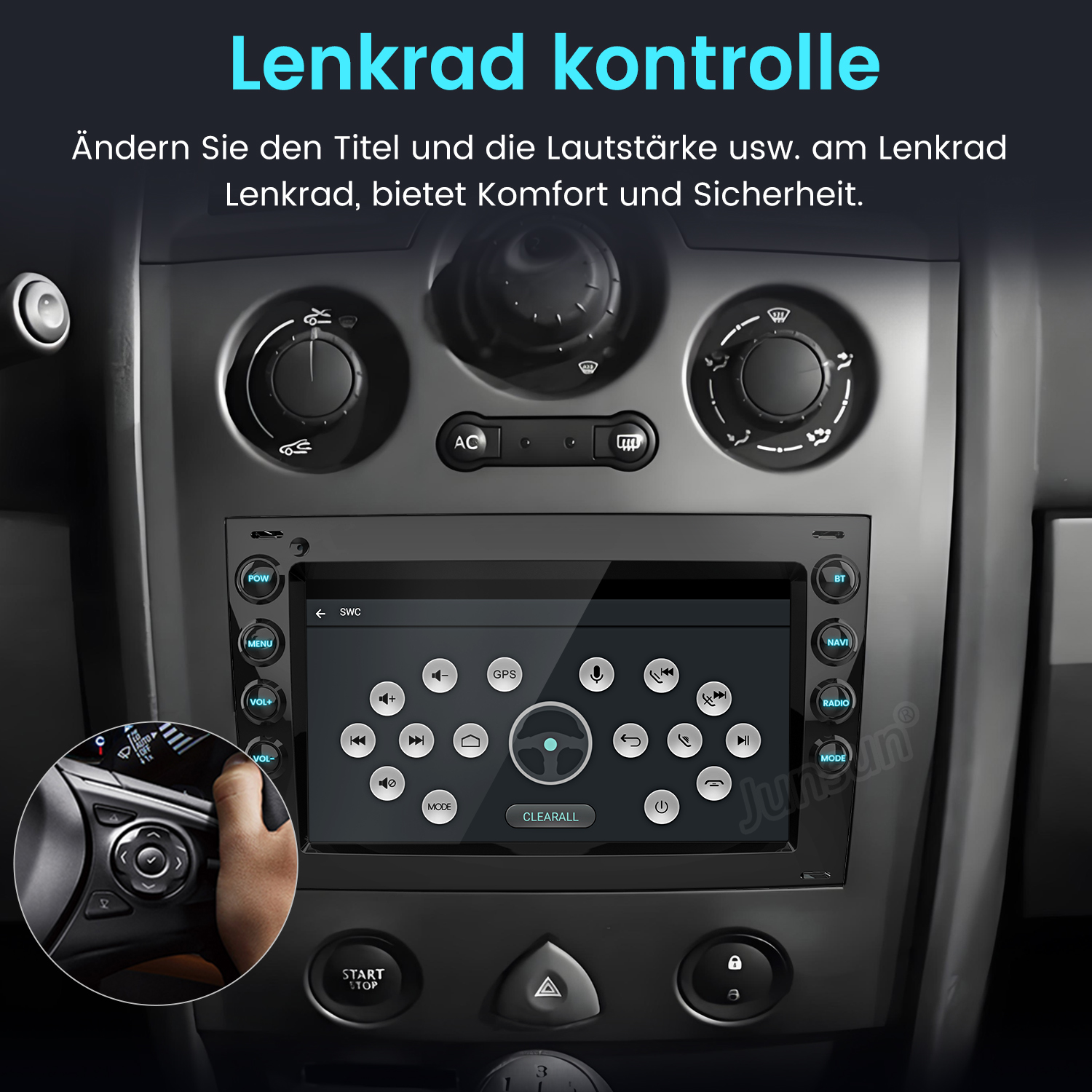 Armaturenbrett des Autos mit zentralem Display und Tasten für Radio und andere Bedienelemente.