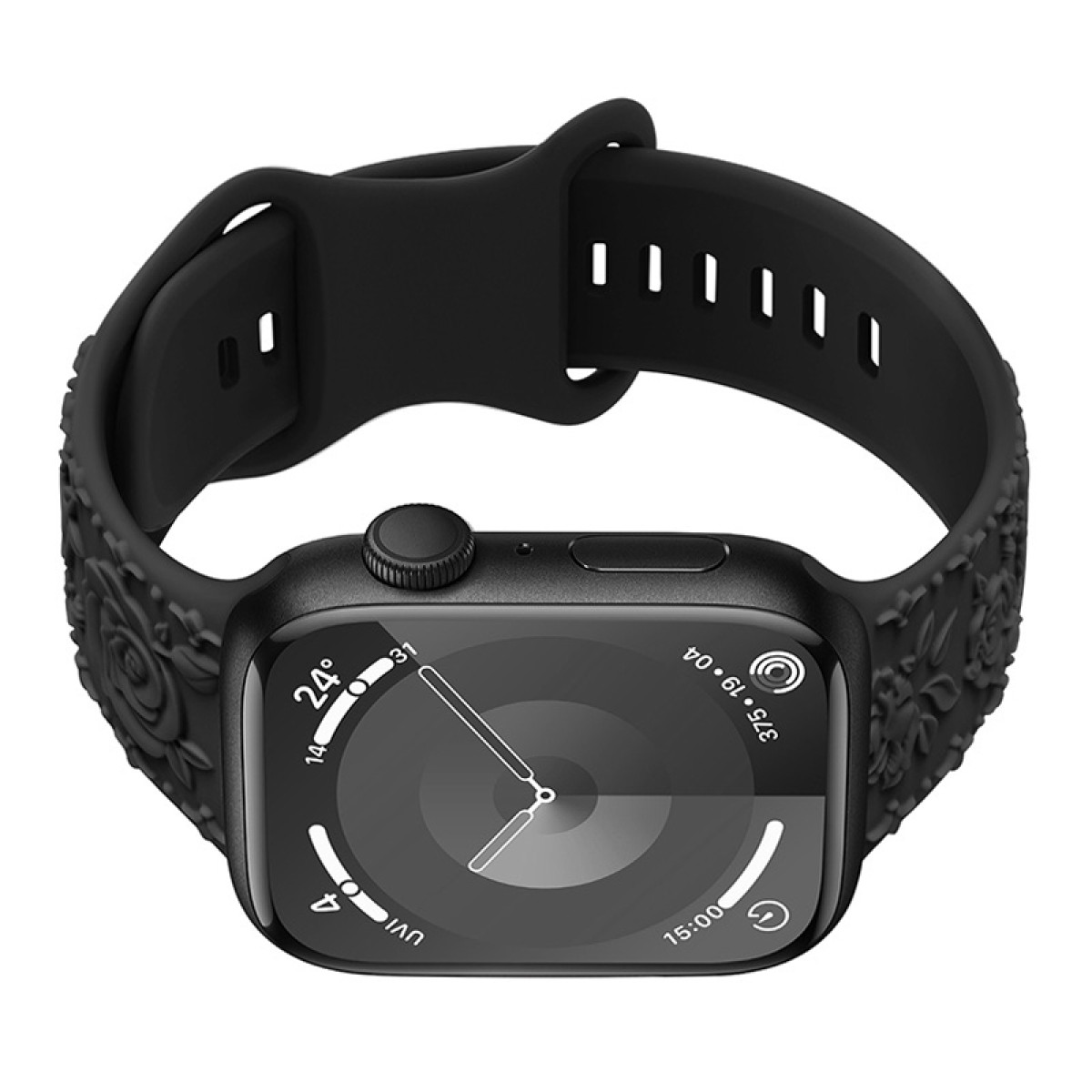 Schwarze Apple Watch mit schwarzem floralem Armband.