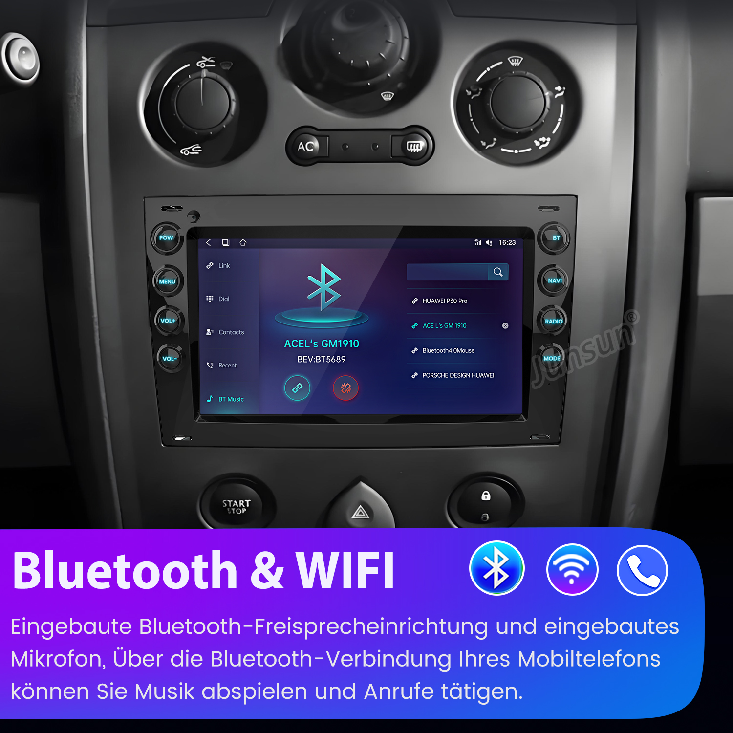 Auto-Infotainment-Bildschirm. Zeigt Bluetooth- und WLAN-Symbole. Der Bildschirm im grauen Auto.