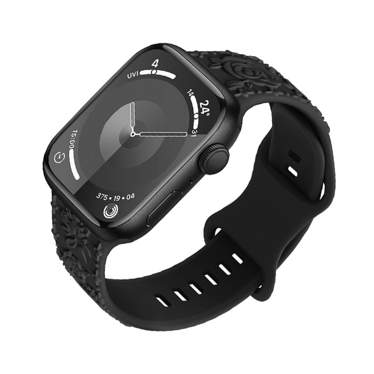 Schwarze Smartwatch mit schwarzem floralem Armband. Das Zifferblatt zeigt Zeit und andere Daten.