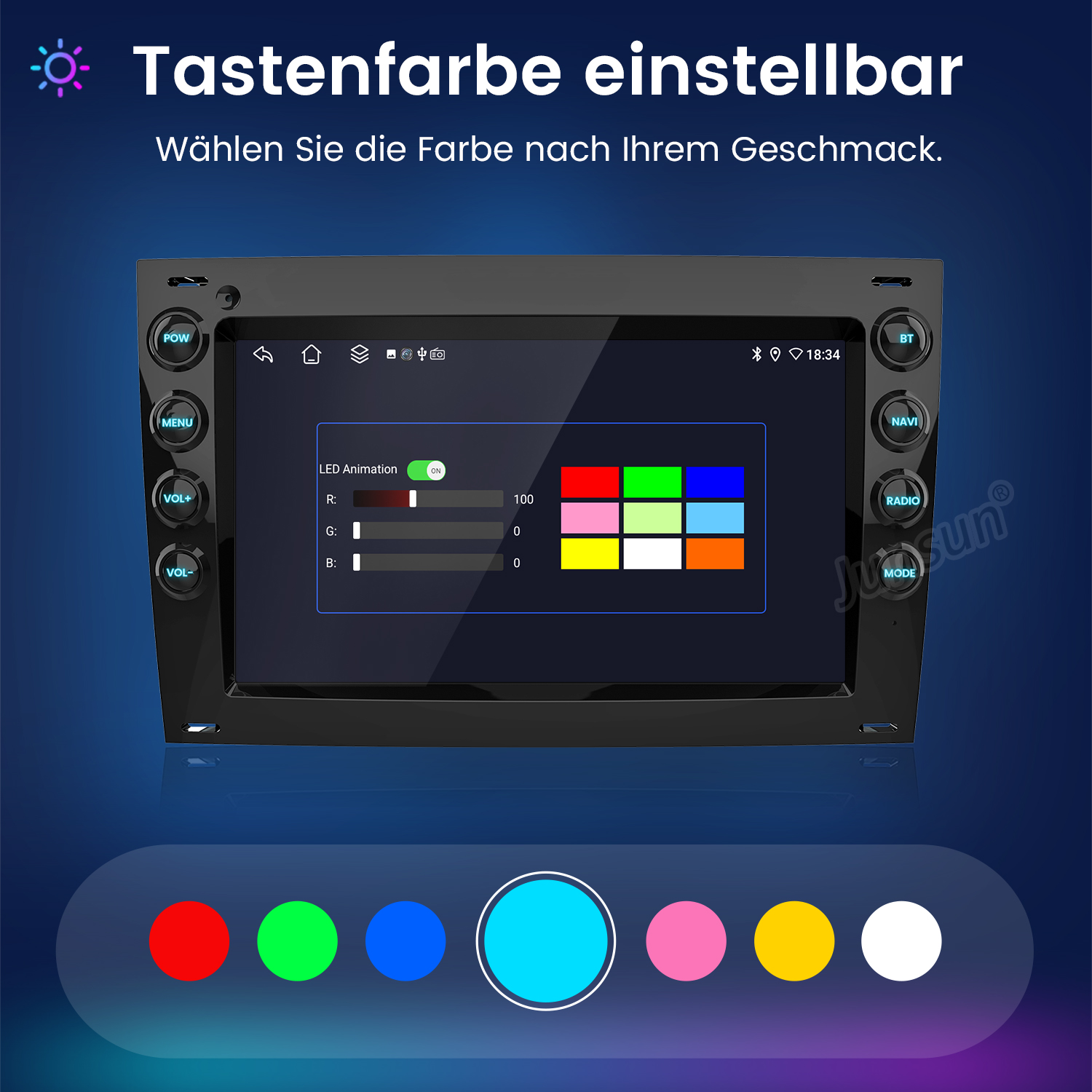 Autoradio mit Touchscreen. Einstellbare LED-Farben. Blau, Grün, Rot werden gezeigt.