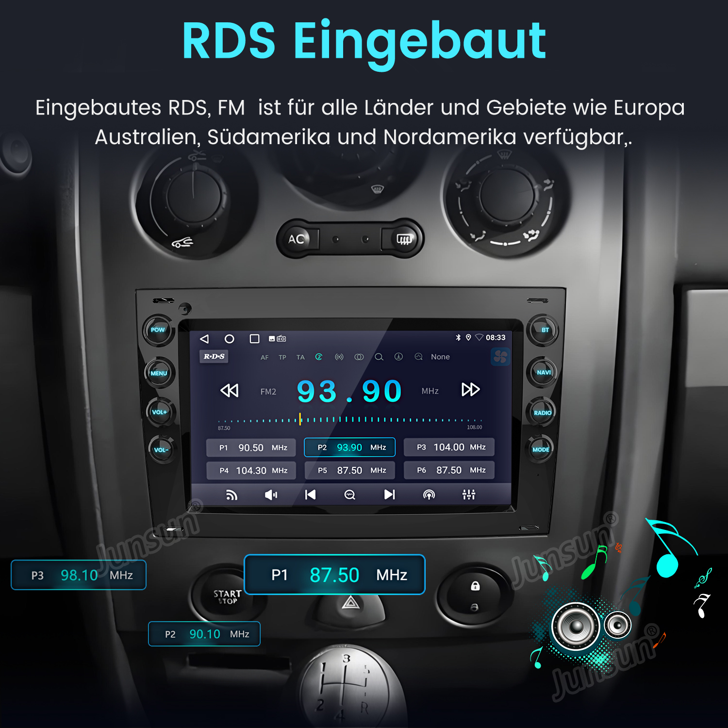 Autoradio mit Radiodisplay, das Sender 93,90 MHz anzeigt.