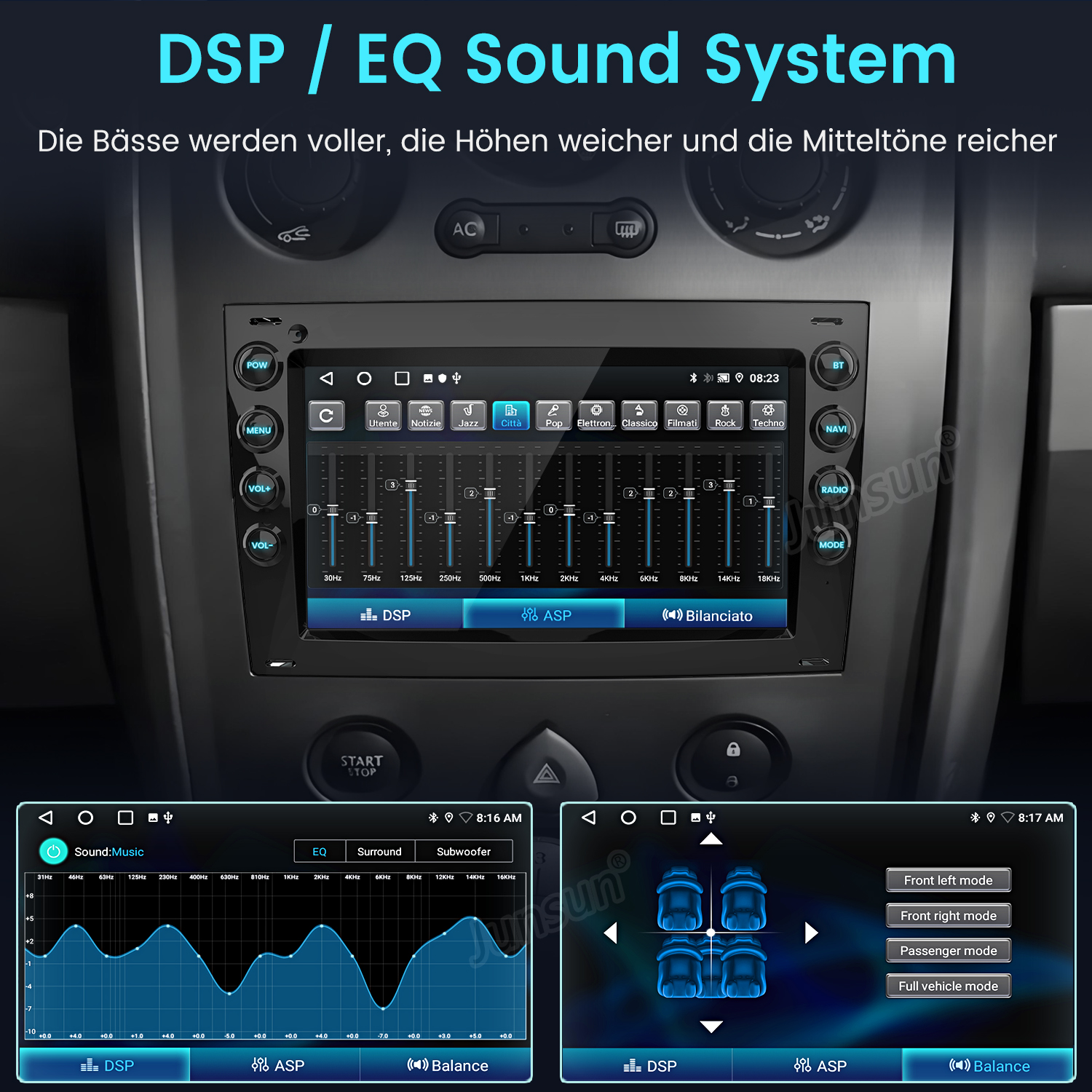 Car-Audio-System-Schnittstelle mit mehreren Tasten und Equalizer-Anzeige.