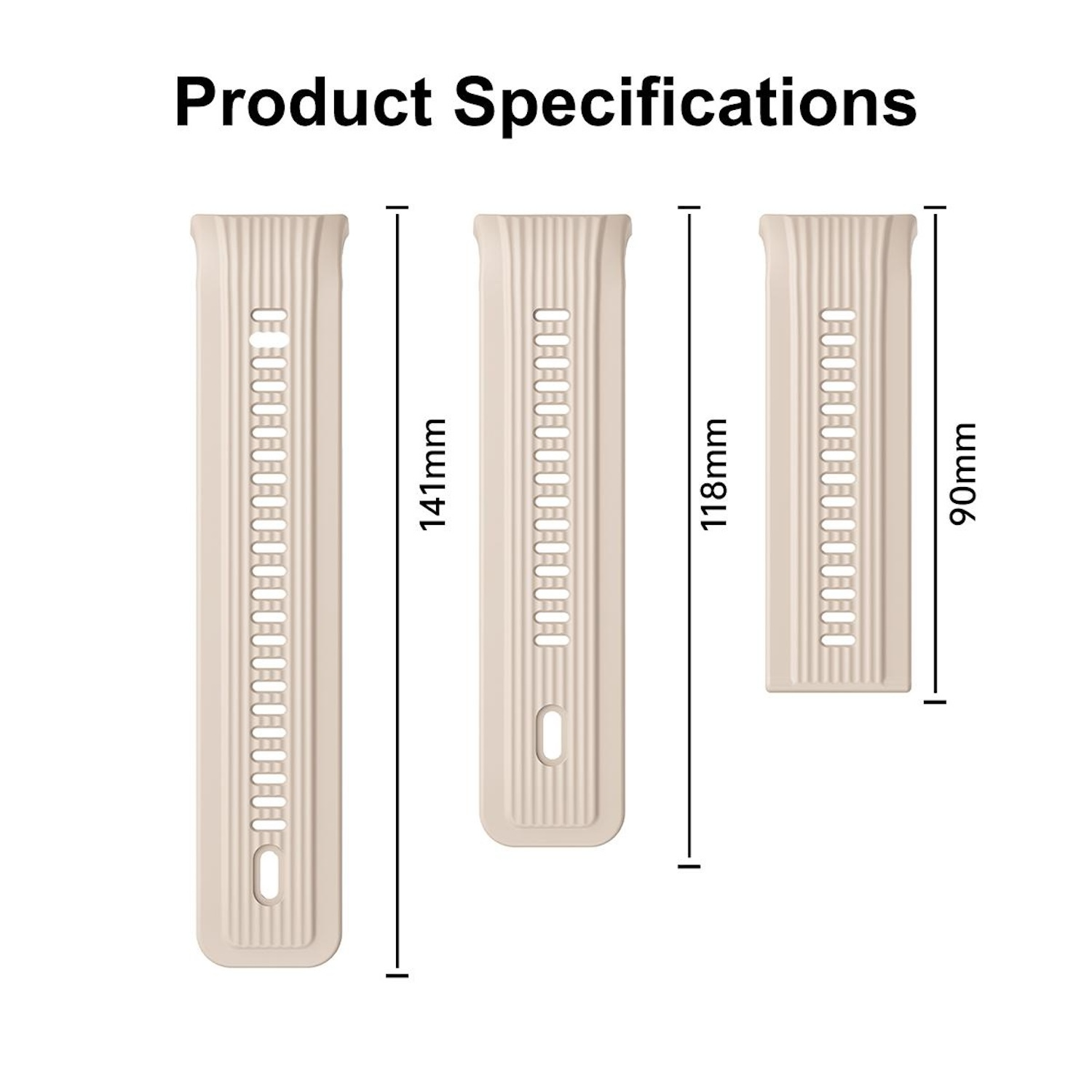 Produktbeschreibungsgrafik. Sie zeigt drei Uhrenarmbänder in verschiedenen Größen mit Maßen in Millimetern.