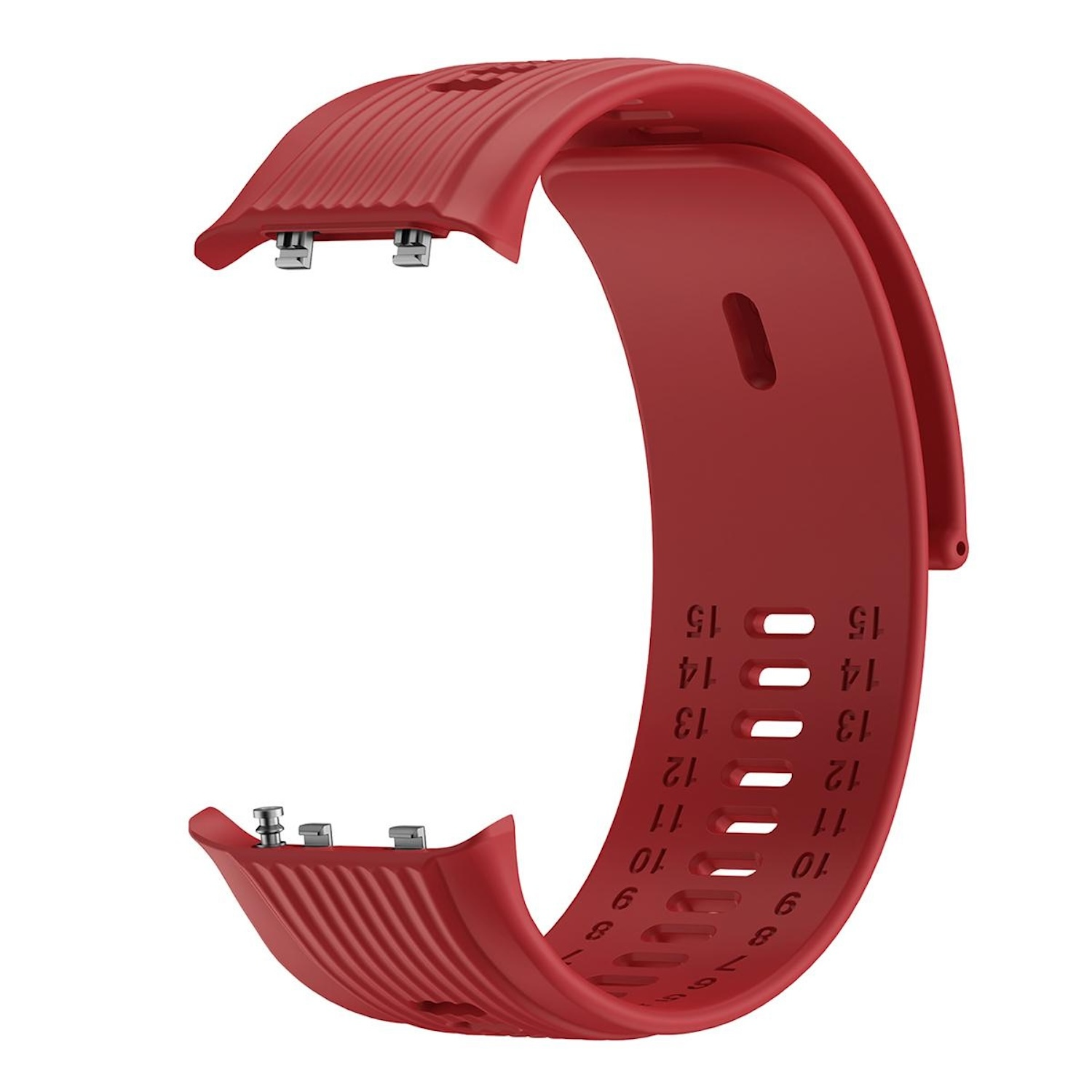 Rotes Uhrenarmband mit Zahlen und Löchern. Es hat zwei Metallstifte zur Befestigung.