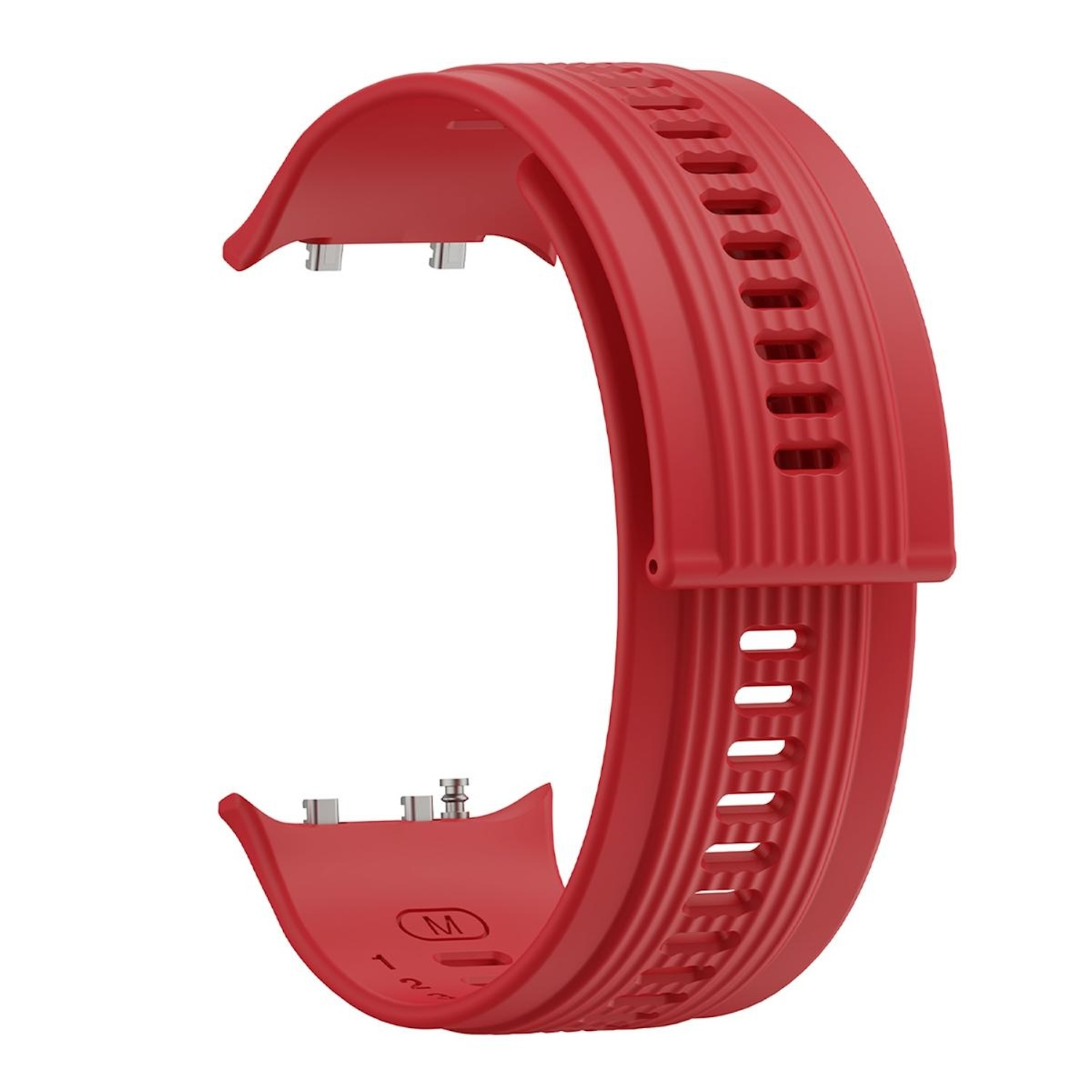 Rotes Armband mit gebogenem Design und Löchern. Metallstifte sind sichtbar.