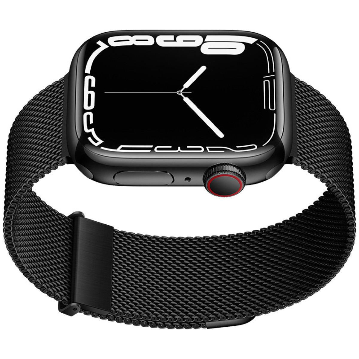 Czarny smartwatch z czarnym paskiem. Ekran wyświetla czarny zegar.