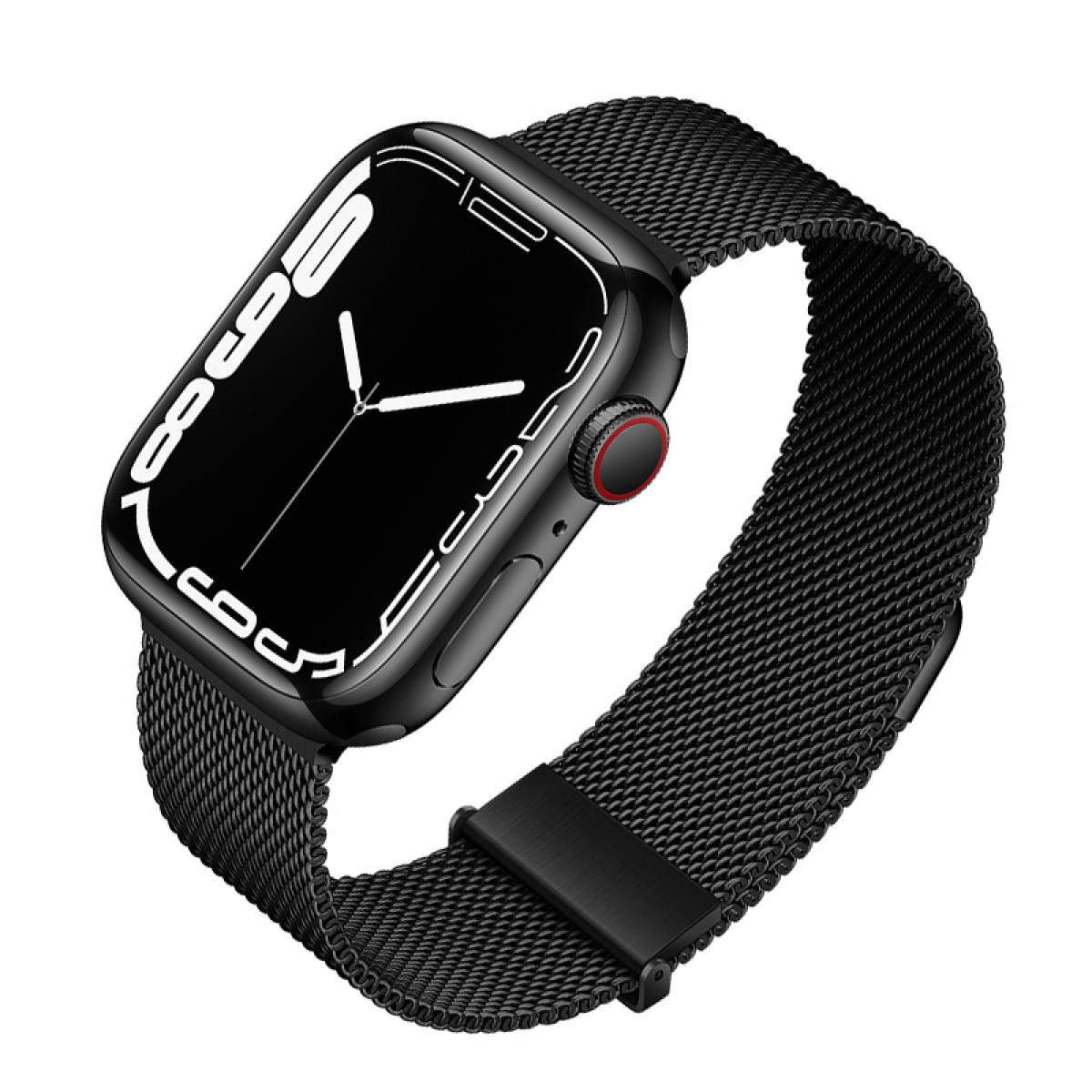 Czarny Apple Watch z czarnym paskiem z siatki na białym tle. Tarcza zegarka włączona.