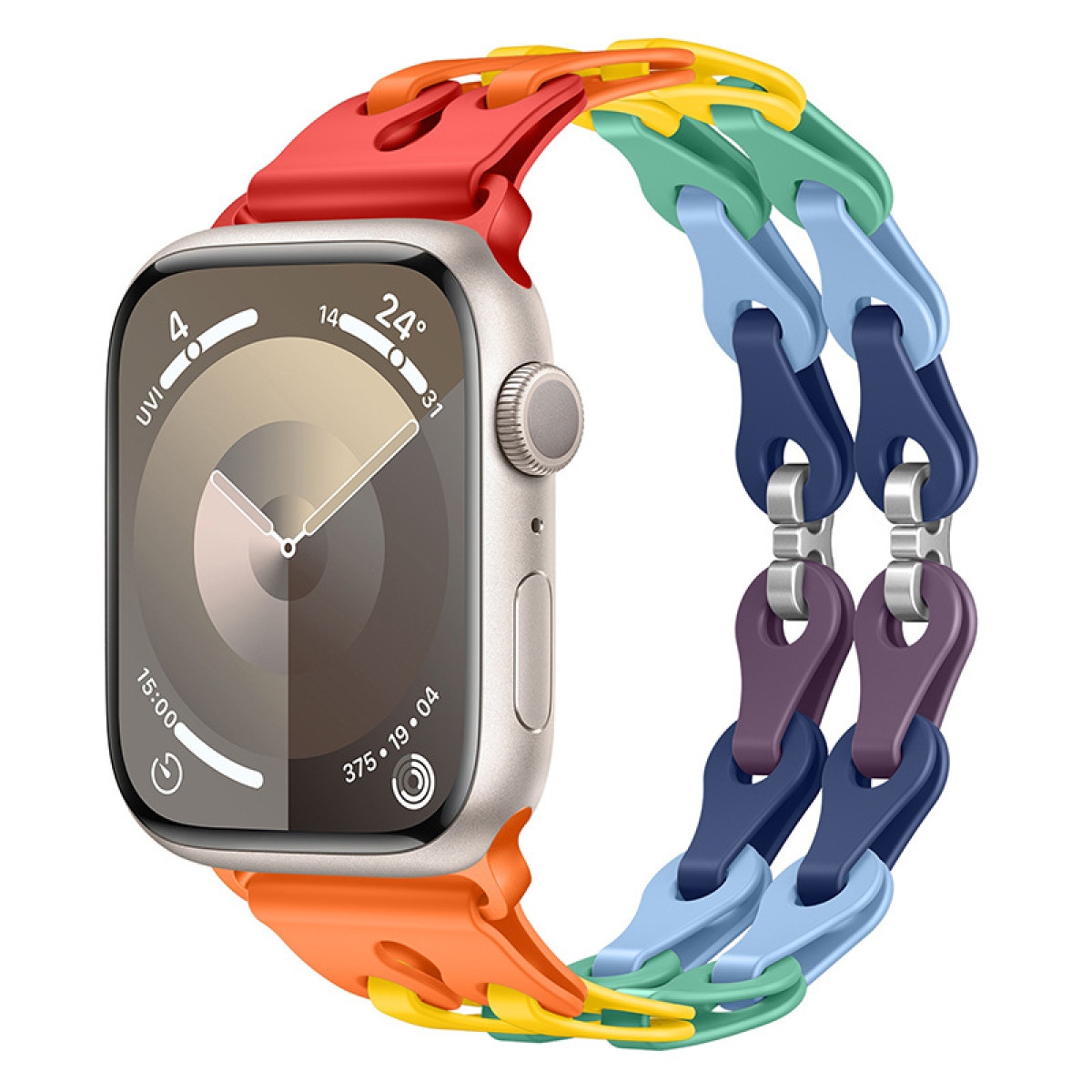 Smartwatch con cinturino arcobaleno colorato. Mostra ora, data e altre metriche.