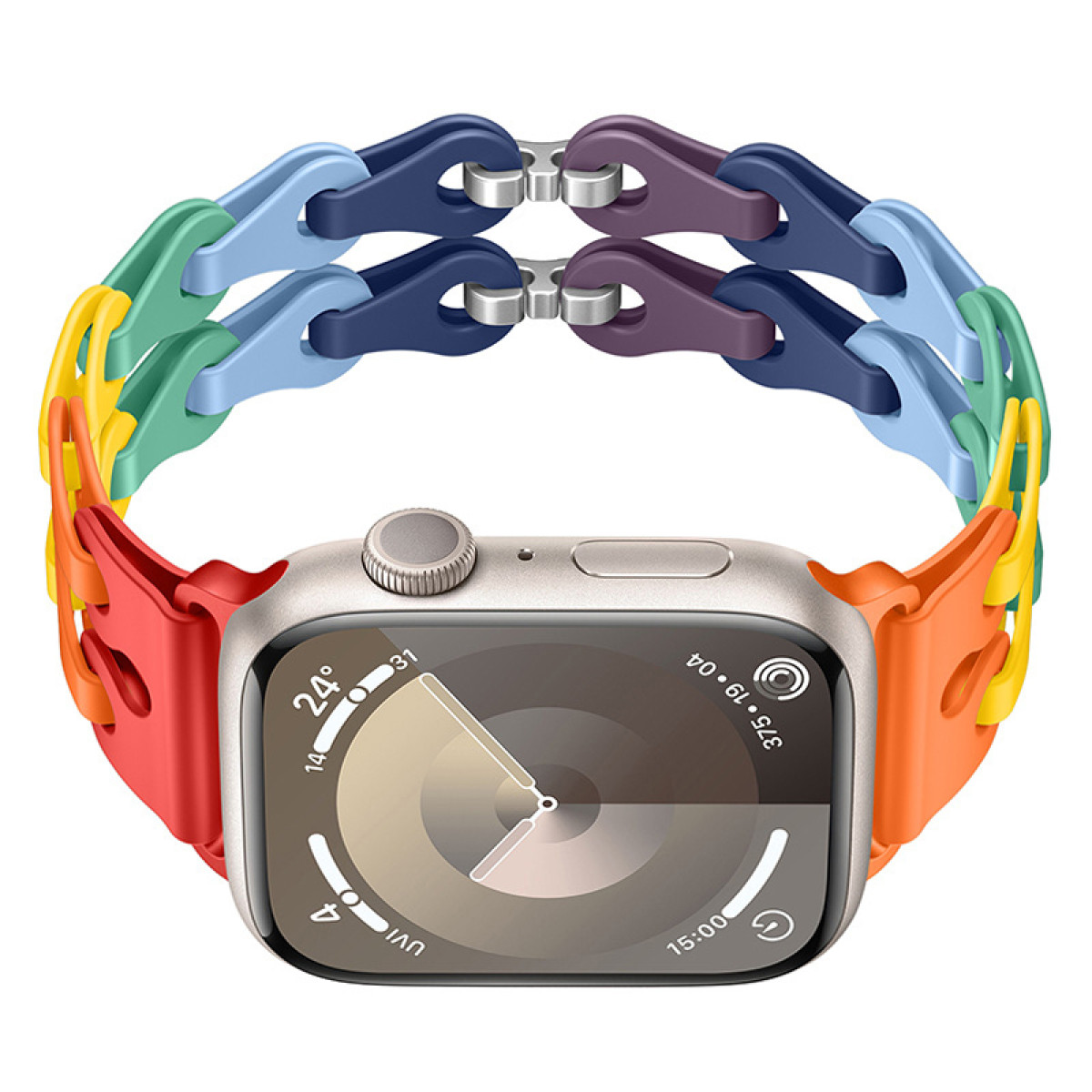 Apple Watch con cinturino colorato, con maglie arcobaleno. L'orologio mostra l'ora.