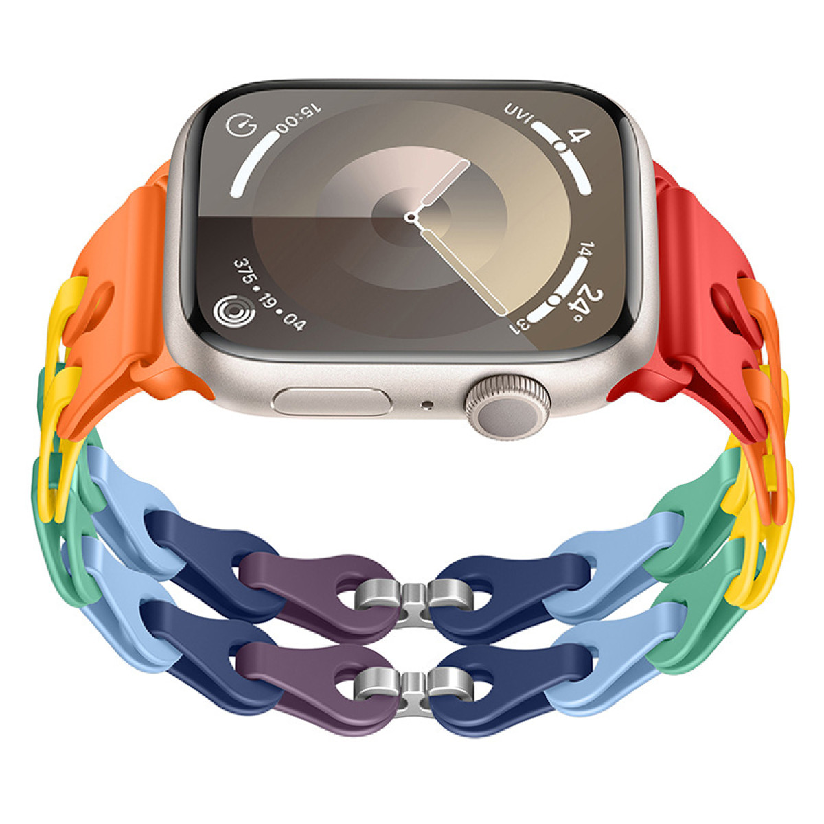 Smartwatch argentato con un cinturino colorato a forma di arcobaleno.