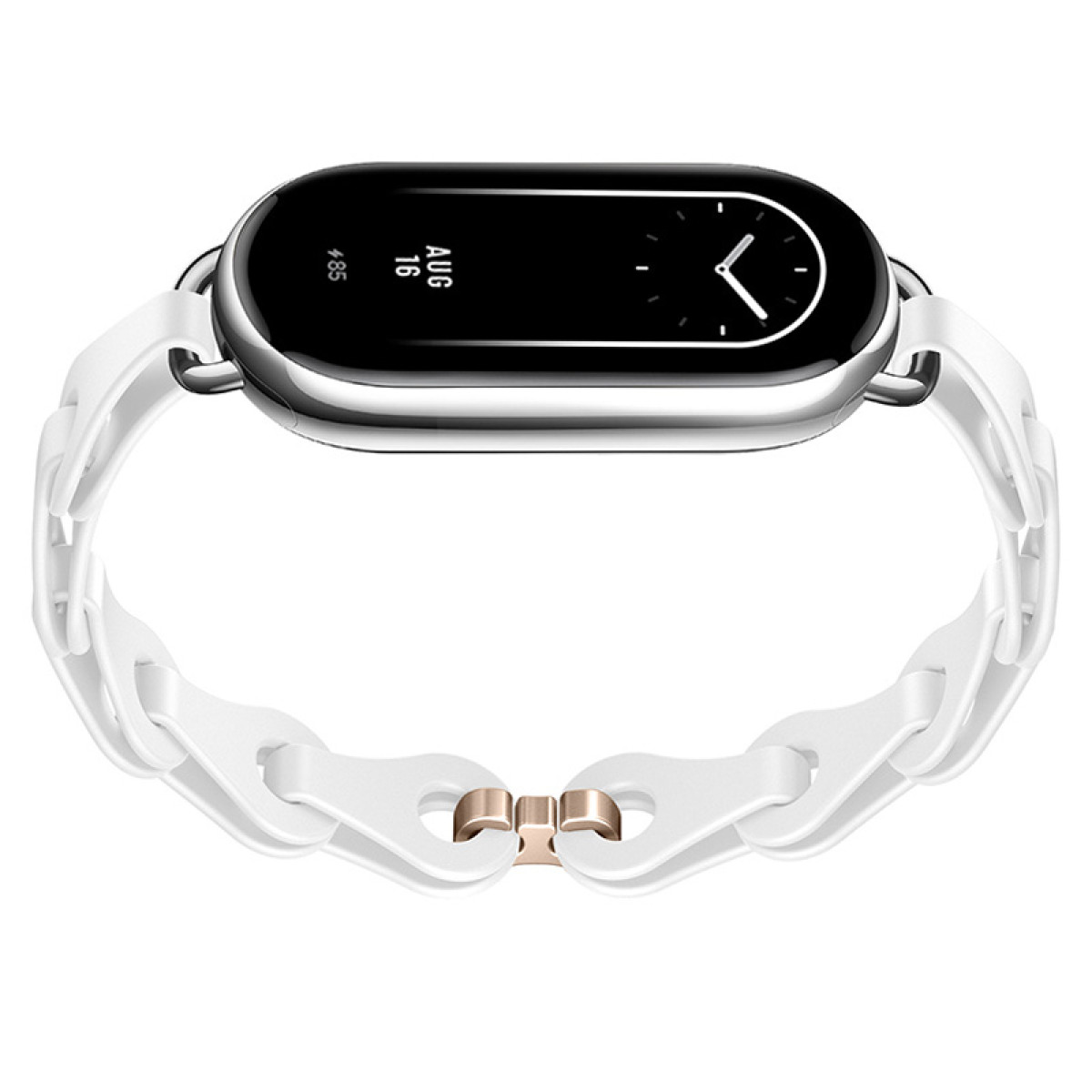 Weiße Smartwatch mit weißem Kettenglied-Armband und goldfarbener Schließe.