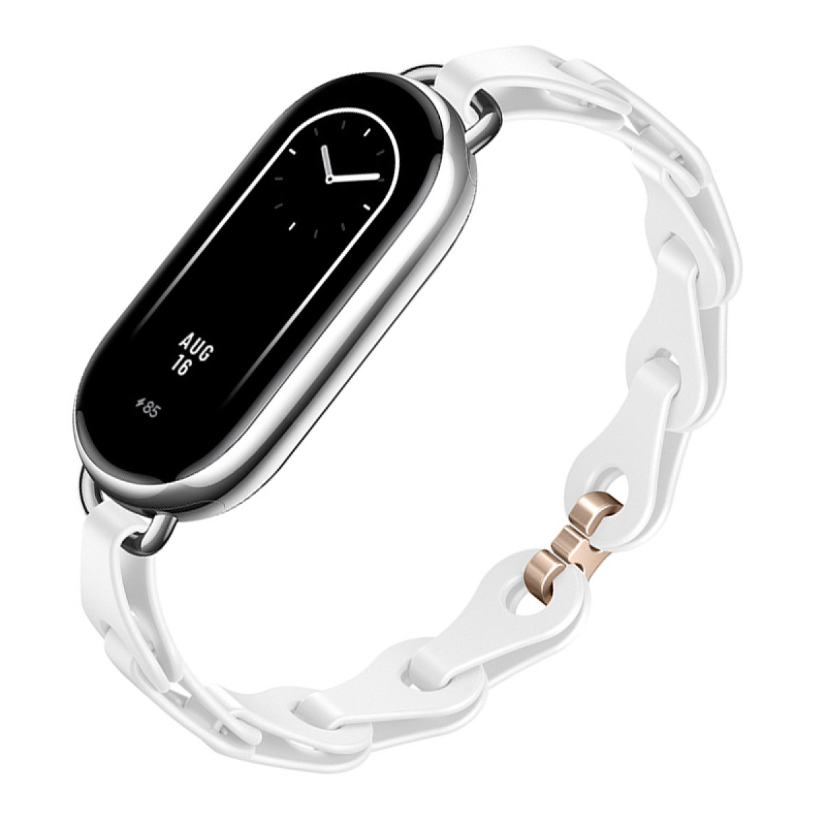 Weiße Smartwatch mit einem weißen und goldenen kettenartigen Armband.