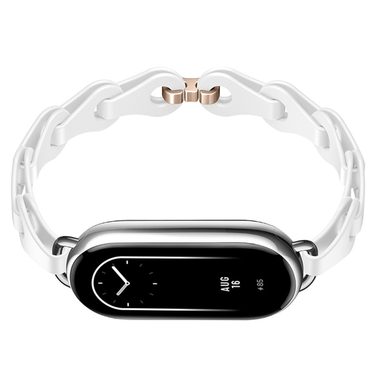 Weißes und silbernes Smartwatch-Armband. Schwarzes Zifferblatt. Weißer Hintergrund.