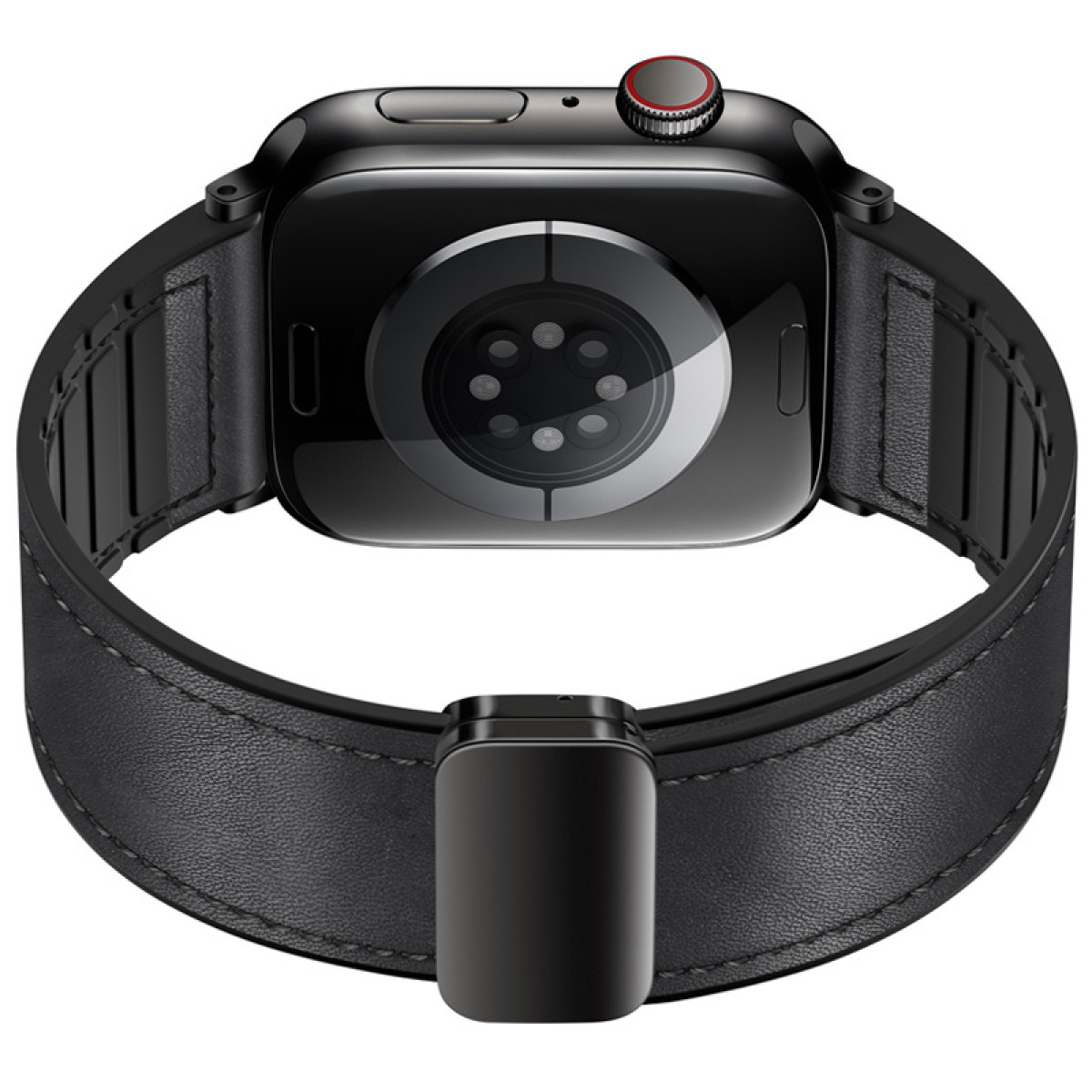 Czarny Apple Watch Series z czarnym skórzanym paskiem i magnetycznym zapięciem.