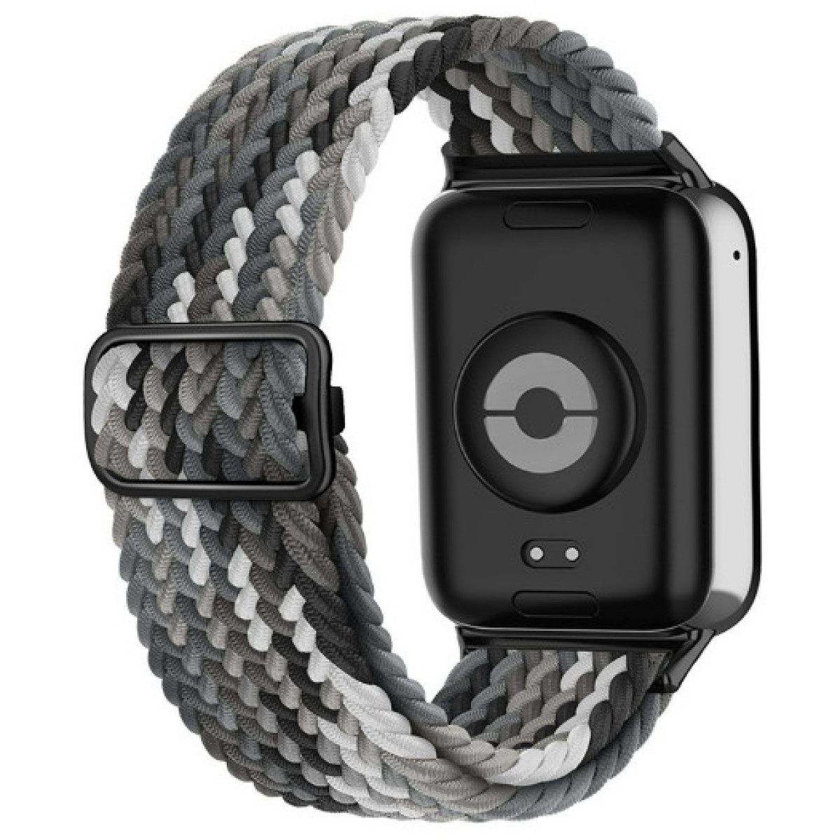 Un cinturino per smartwatch intrecciato in tonalità di grigio, attaccato a un corpo di smartwatch nero.