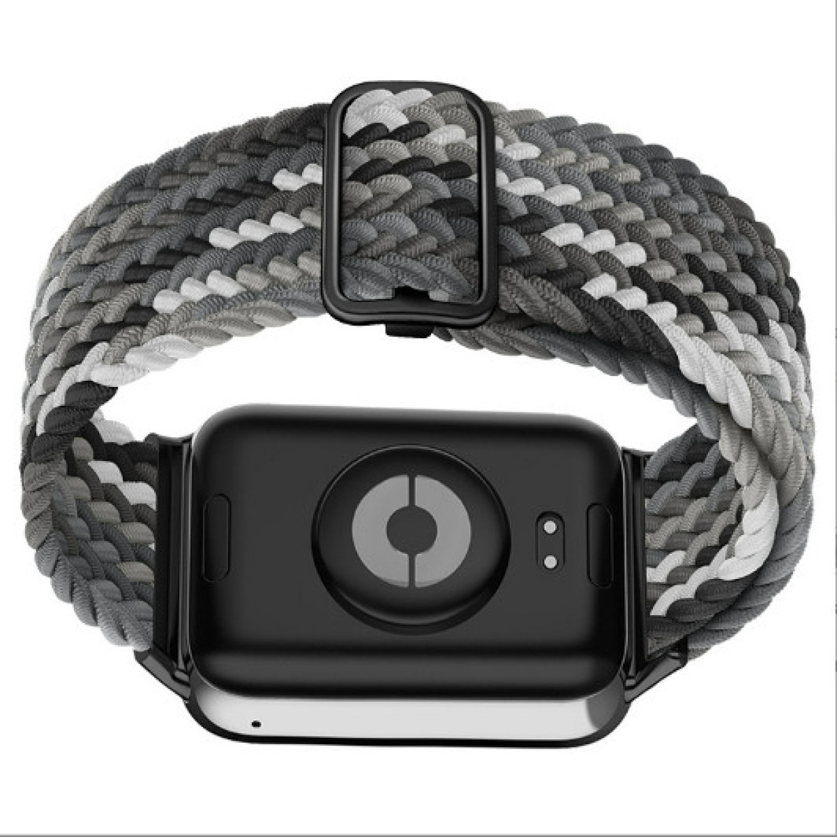 Uno smartwatch nero con un cinturino intrecciato nero, grigio e bianco. Il cinturino ha una fibbia nera.