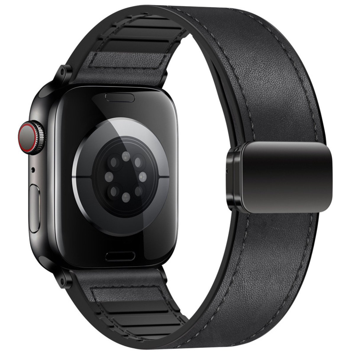 Apple Watch z czarnym skórzanym paskiem. Zegarek zwrócony tyłem, pokazujący tył.