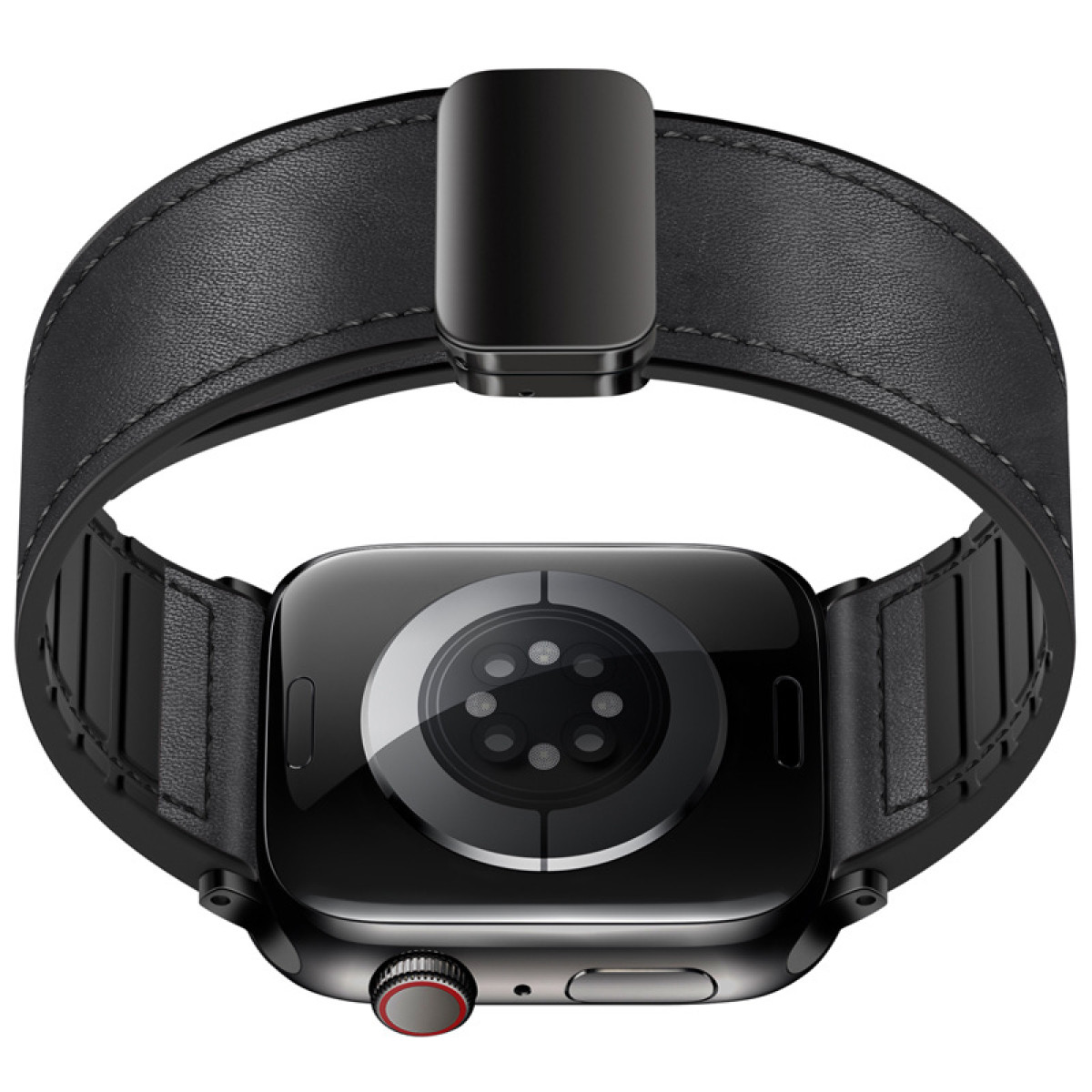 Czarny Apple Watch na skórzanym pasku. Zegarek jest czarny z czerwonym przyciskiem i czarnym paskiem.