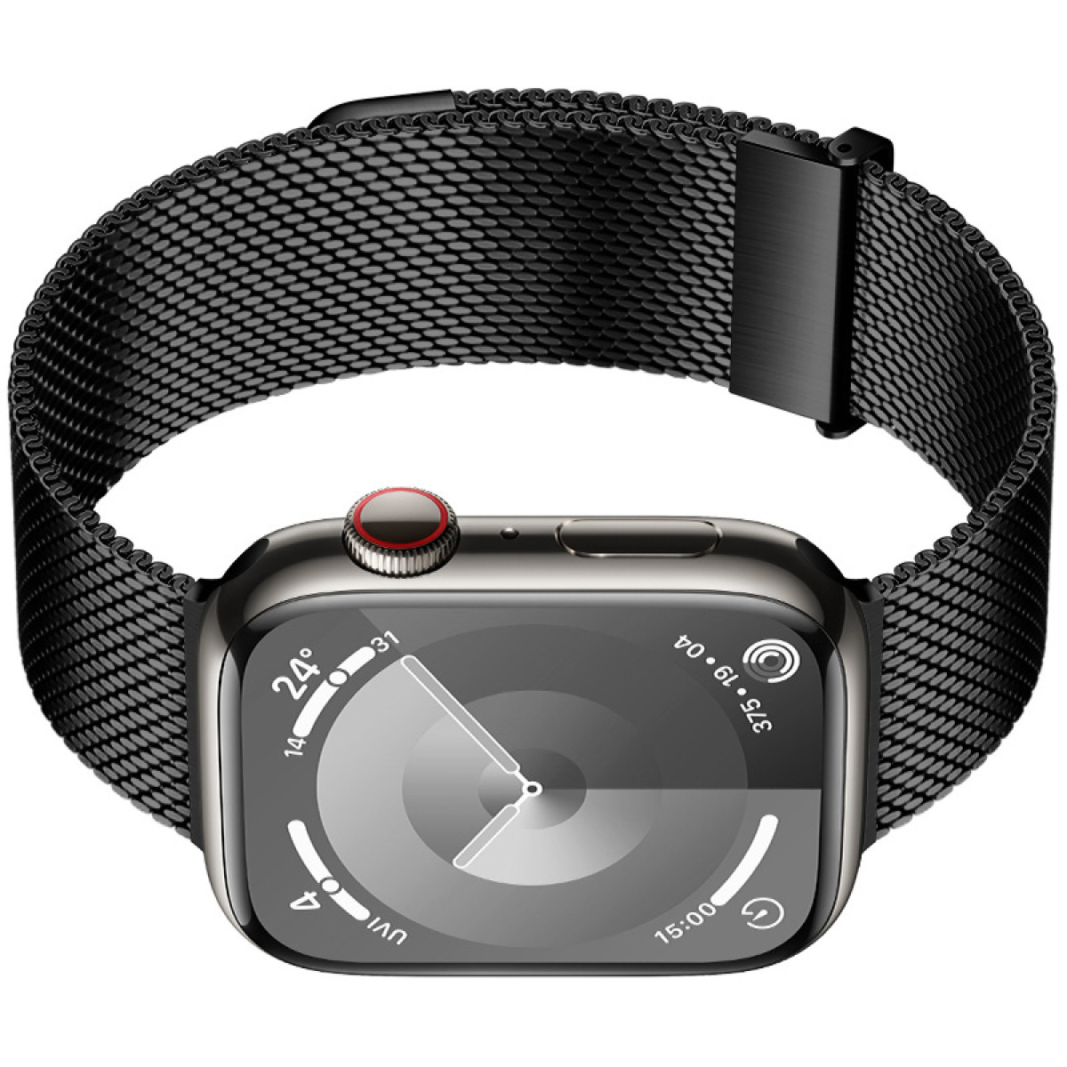 Eine schwarze Smartwatch mit Mesh-Armband. Das Zifferblatt zeigt Zeit, Datum und andere kreisförmige Daten.