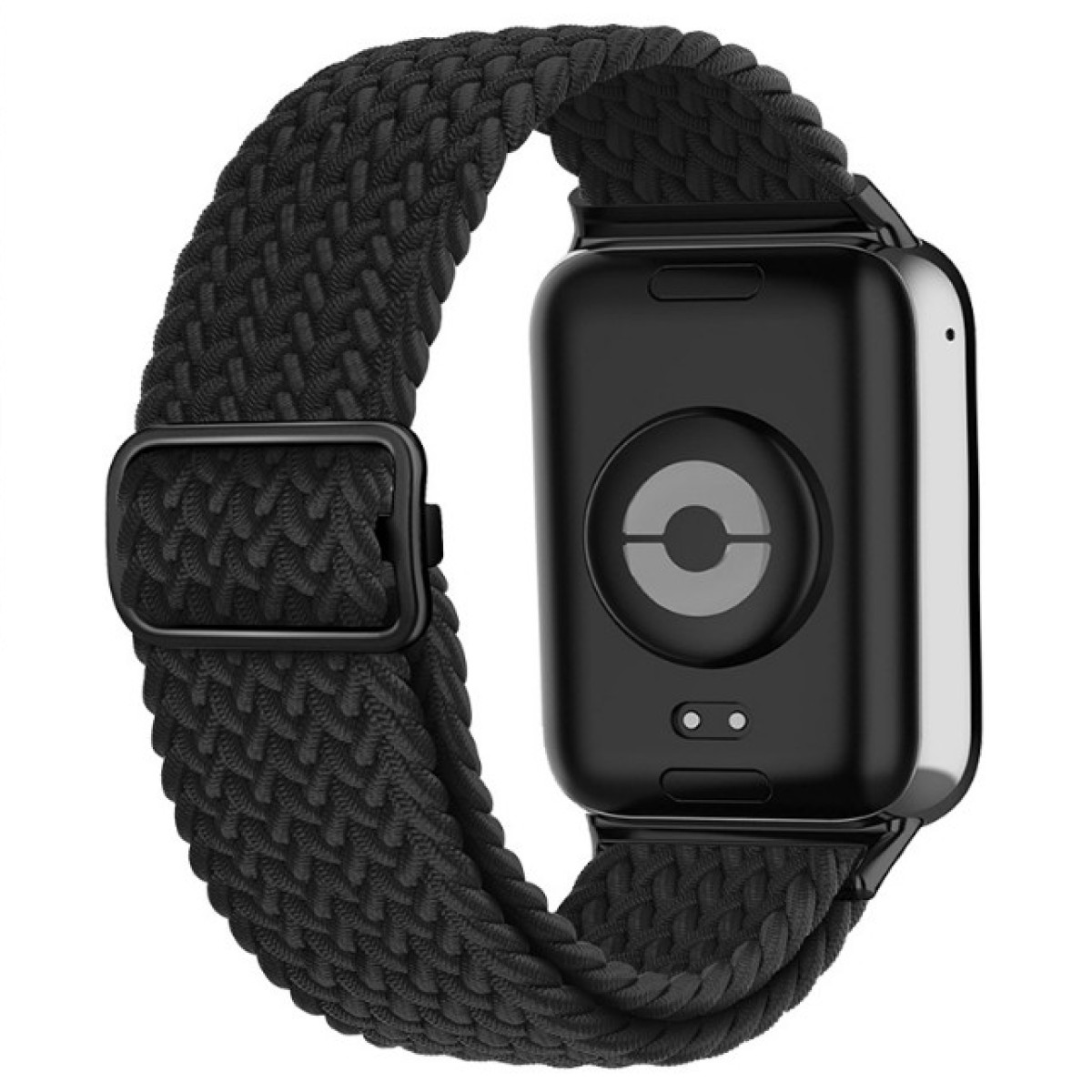 Smartwatch nera con cinturino nero intrecciato e fibbia nera.