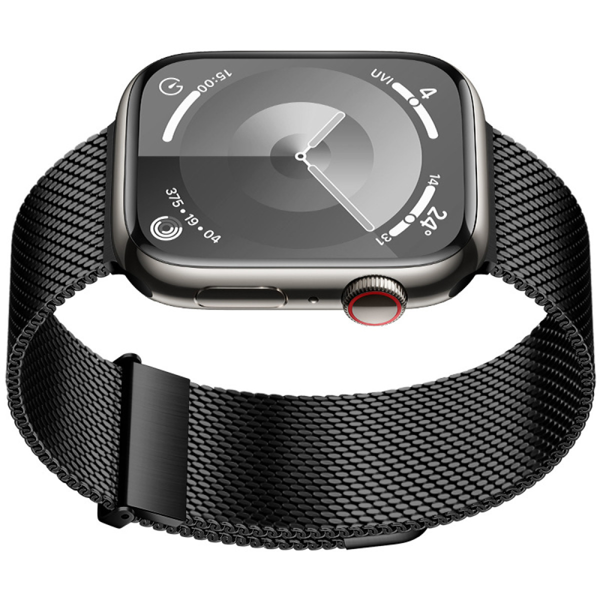 Smartwatch mit schwarzem Mesh-Armband, Digitalanzeige mit Uhrzeit und Gesundheitsmetriken. Das Zifferblatt hat einen roten Knopf.