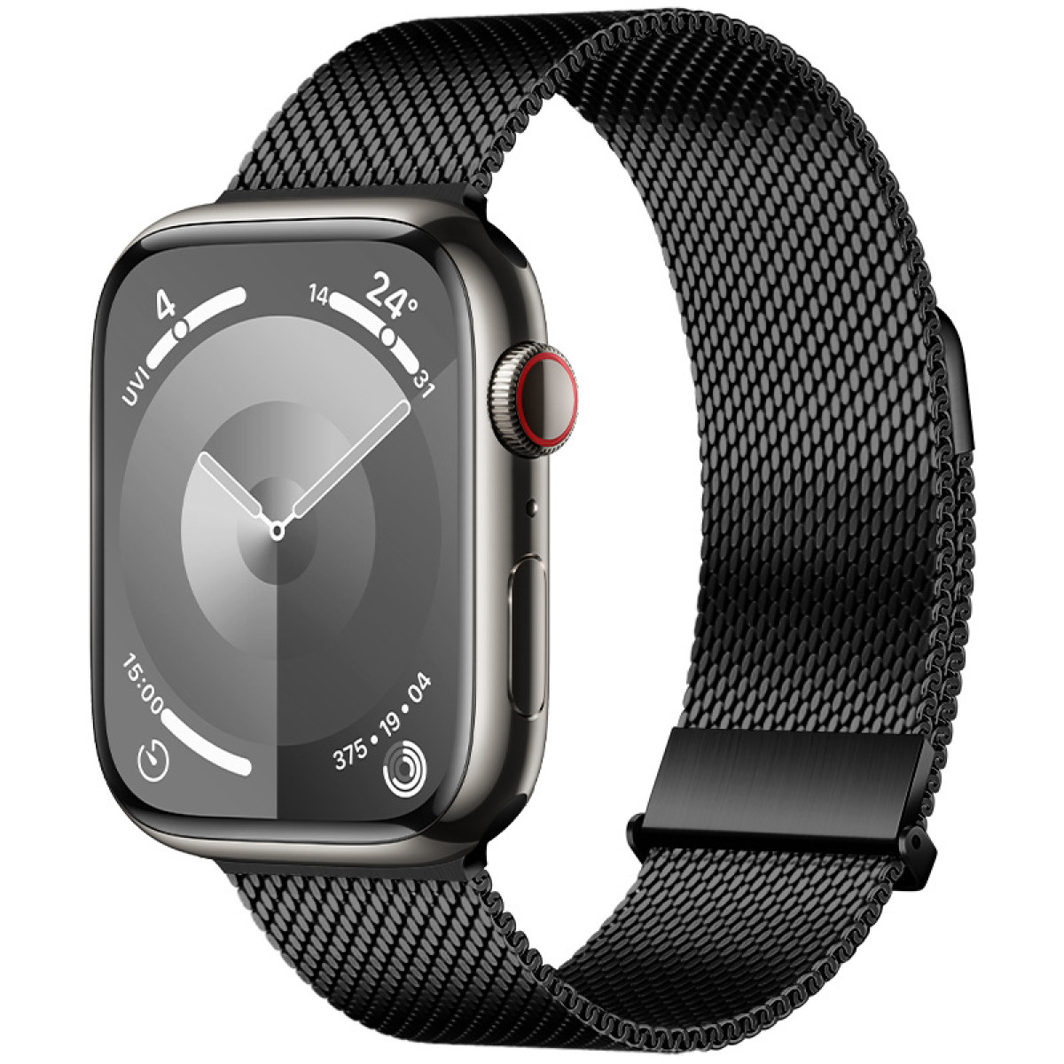 Eine schwarze Smartwatch mit schwarzem Mesh-Armband und roter Taste an der Seite.