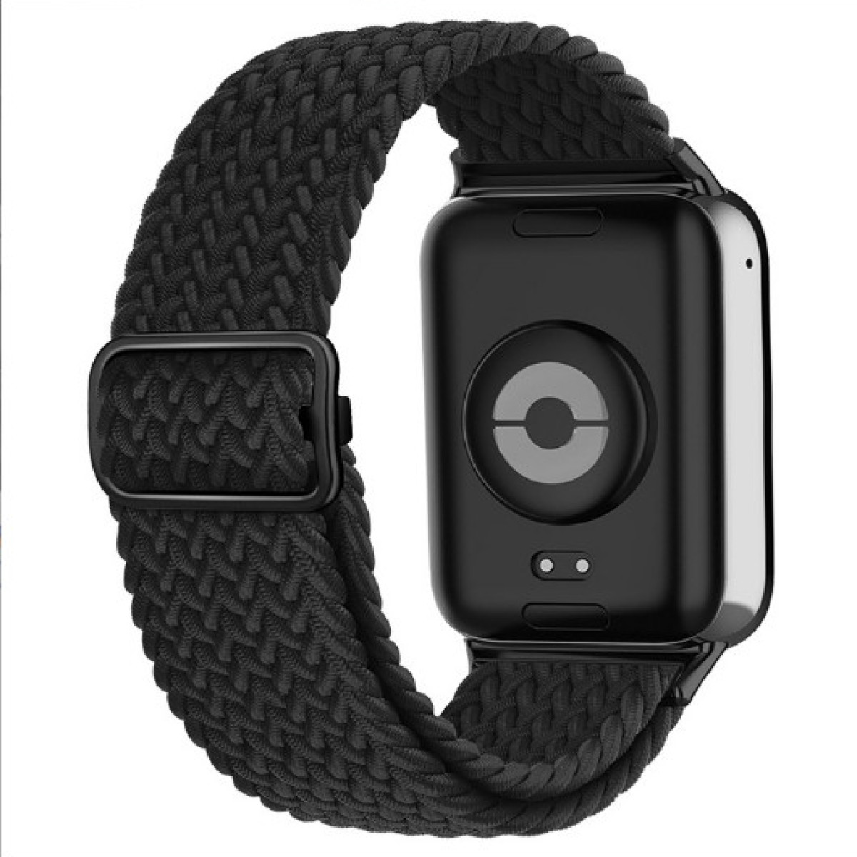 Smartwatch nera con cinturino intrecciato. Il retro dell'orologio ha un sensore. Sfondo bianco.