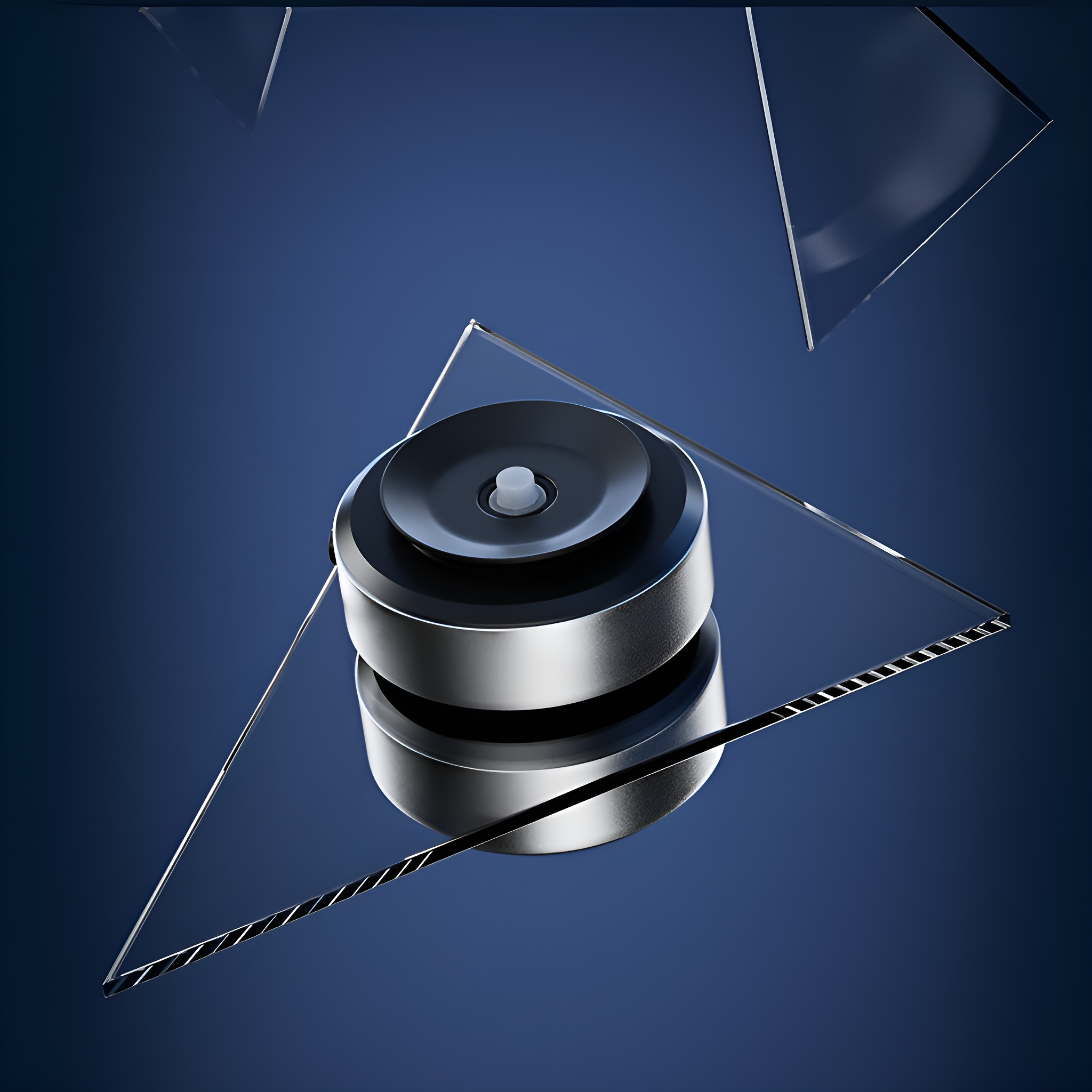 Ein silbernes Objekt auf einer blauen Oberfläche mit geometrischen Glasformen.