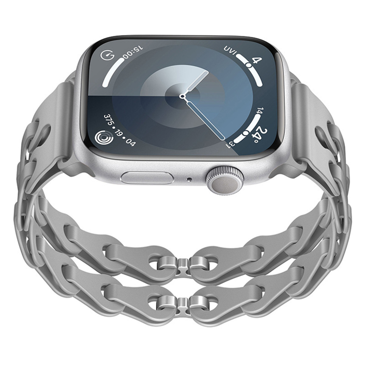 Silberne Apple Watch mit Metallarmband. Weißer Hintergrund.