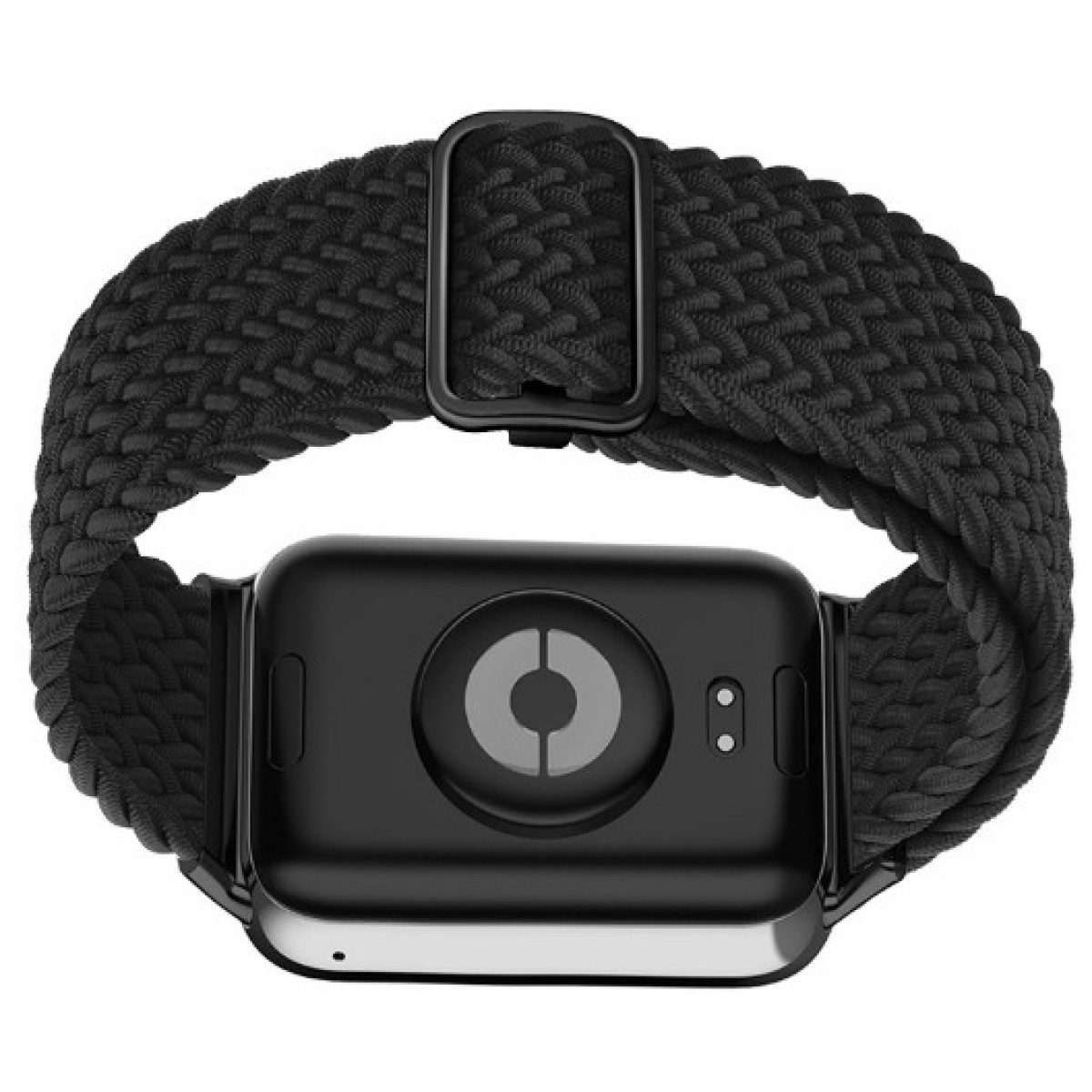Smartwatch nero con cinturino intrecciato nero. L'orologio ha un sensore circolare sul retro.