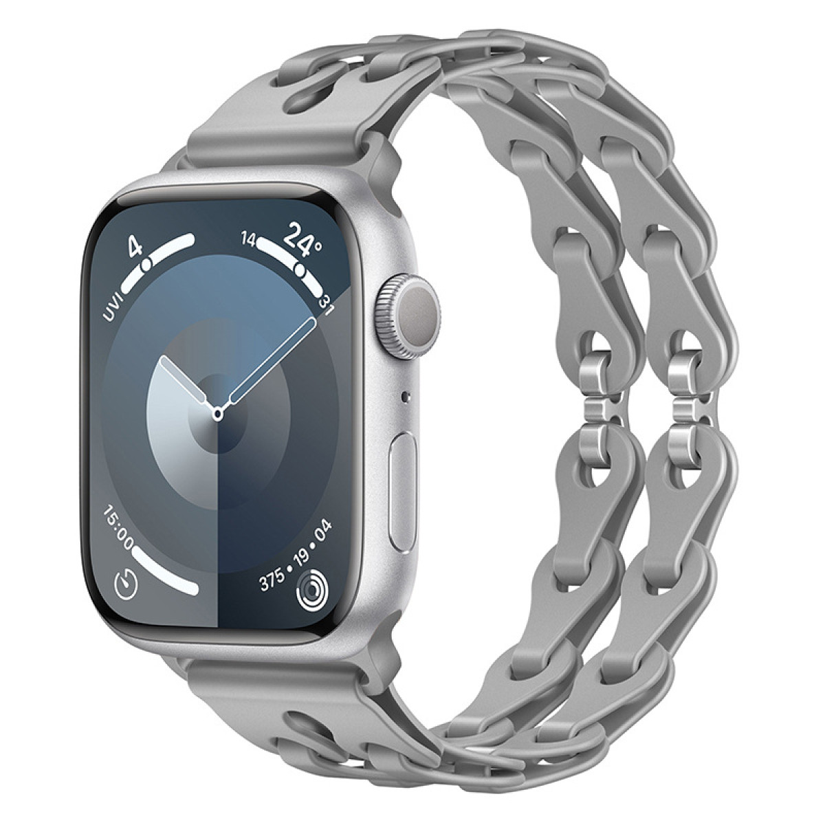 Silberne Apple Watch mit grauem Gliederarmband. Die Uhr zeigt die Zeit.