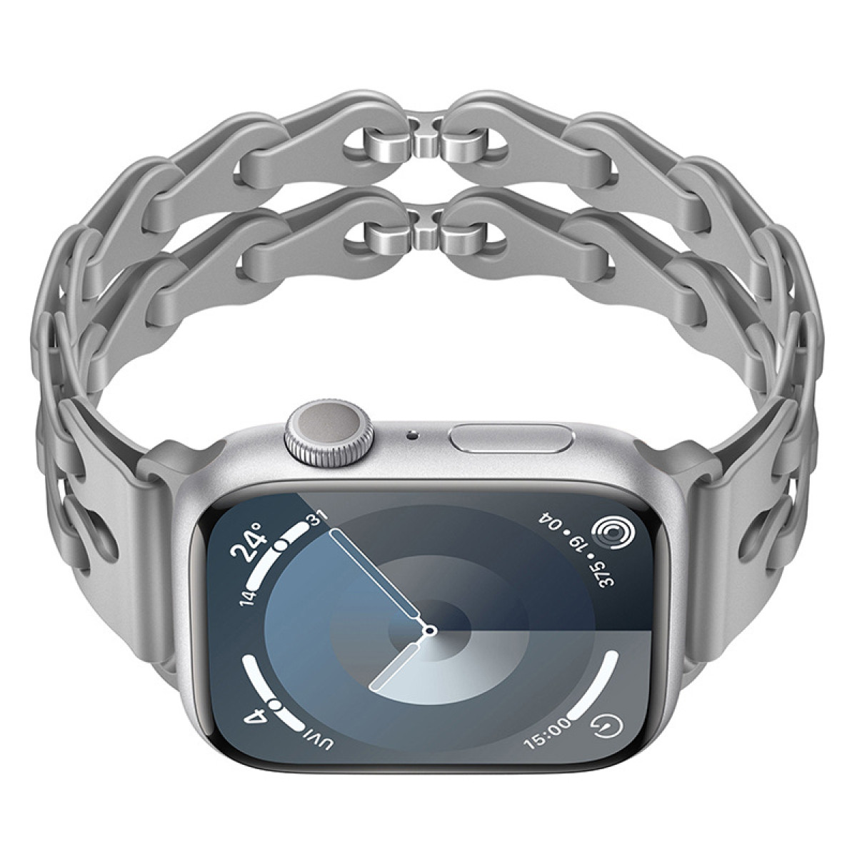 Silberne Apple Watch mit silbernem Gliederarmband.