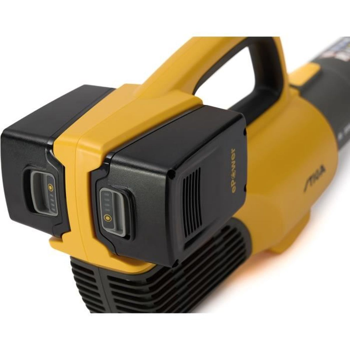 Żółto-czarna dmuchawa do liści, z dwoma czarnymi gniazdami na baterie na górze. Białe tło.