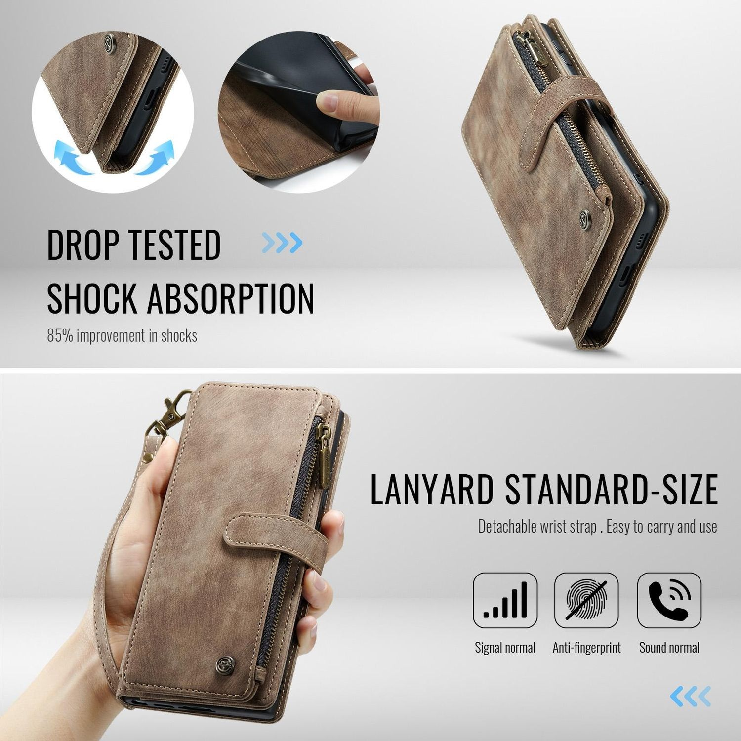 Funda de teléfono de cuero marrón con cremallera y cordón. Muestra prueba de caída y absorción.