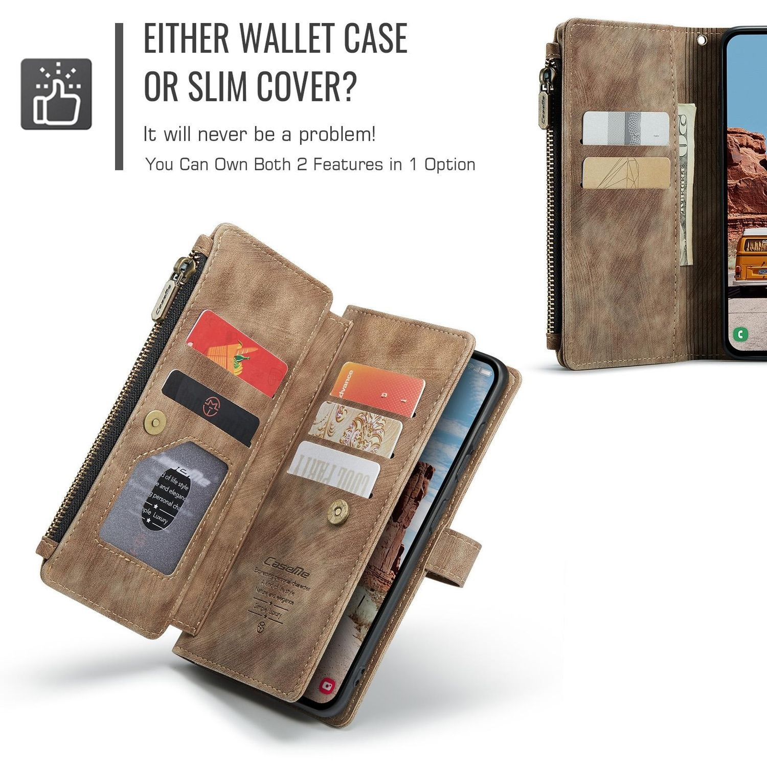 Una funda tipo cartera para teléfono con tarjetas y un teléfono dentro, y una vista de la parte trasera con ranuras.