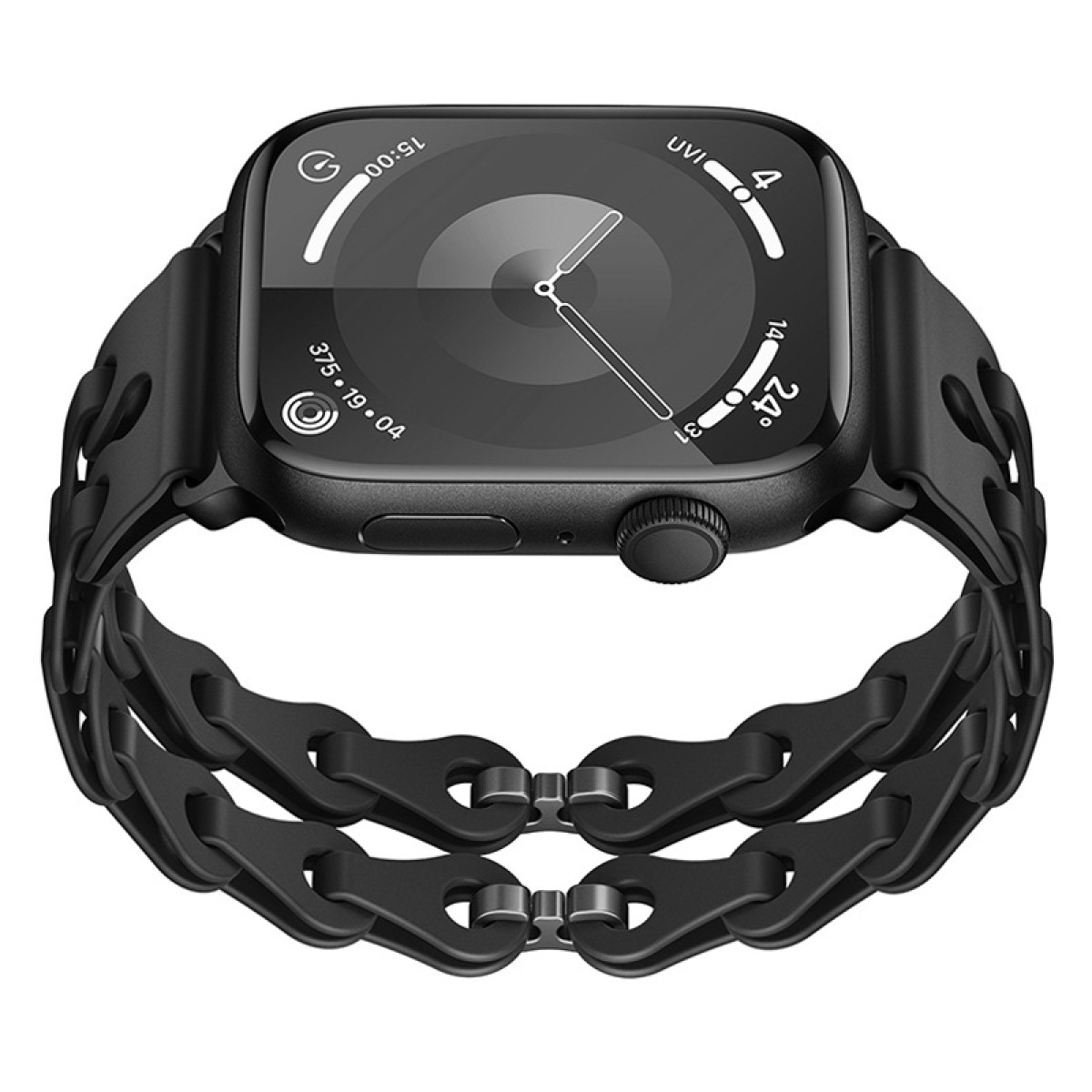 Schwarze Apple Watch mit schwarzem Gliederarmband auf weißem Untergrund.