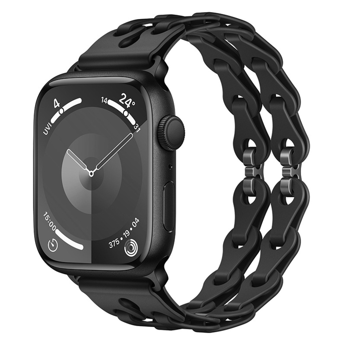 Eine schwarze Smartwatch mit schwarzem Armband.