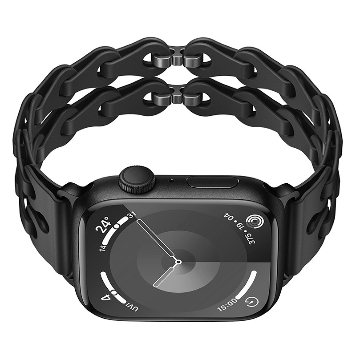 Schwarze Apple Watch mit schwarzem Kettenglied-Armband auf weißem Hintergrund.