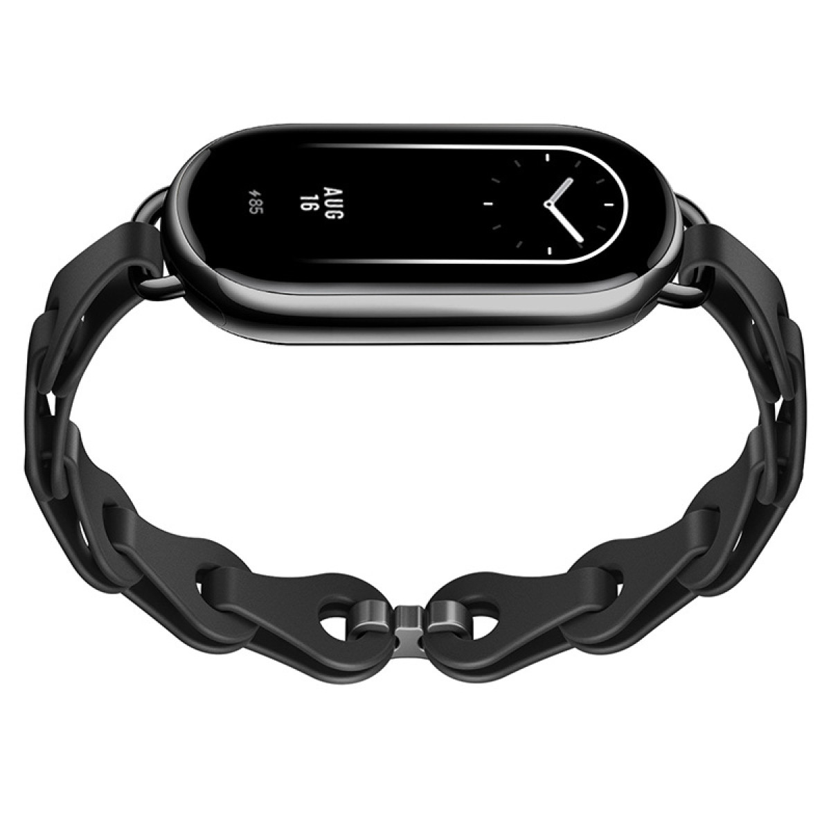 Schwarze Smartwatch mit schwarzem Gliederarmband. Der Bildschirm zeigt Zeit und Schritte.