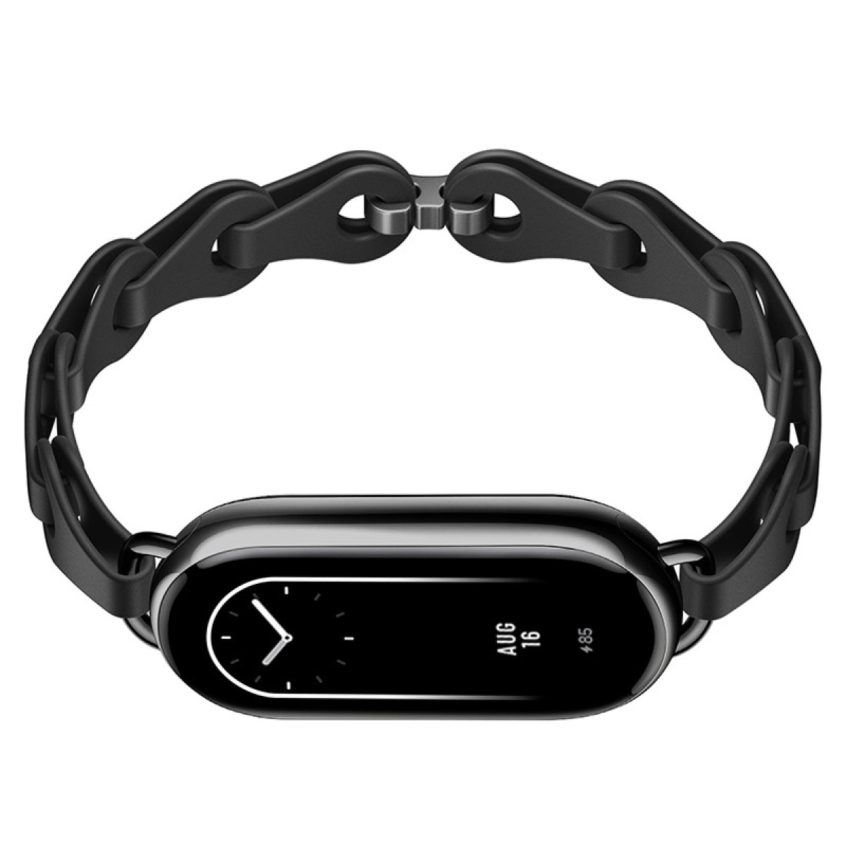 Schwarze Smartwatch mit schwarzem Armband, zeigt Uhrzeit und Datum an. Das Armband besteht aus schwarzen Gliedern.