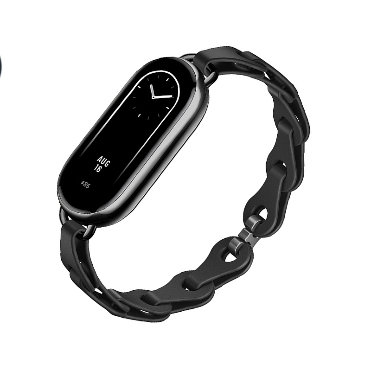 Ein schwarzes Smartband mit einem schwarzen Armband im Kettenstil, das Datum und Uhrzeit anzeigt.