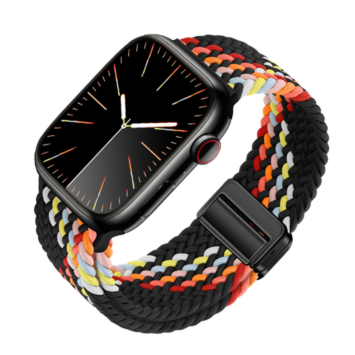 Smartwatch nero con cinturino intrecciato colorato. Il quadrante mostra l'ora. Sfondo bianco.
