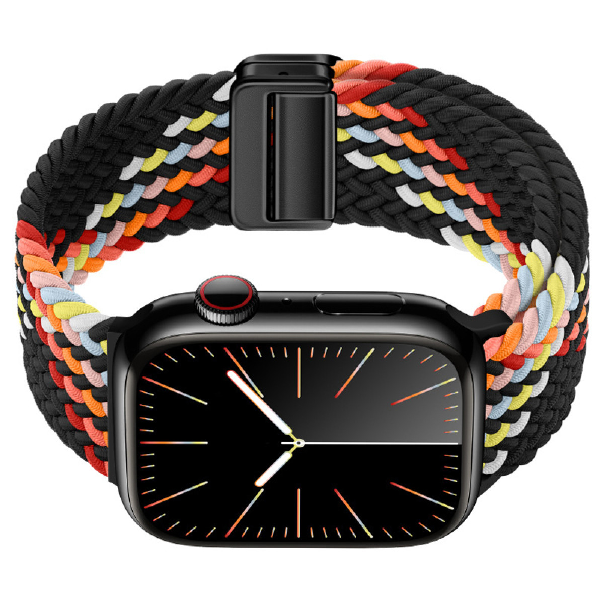 Smartwatch nero con cinturino intrecciato colorato, su sfondo bianco.