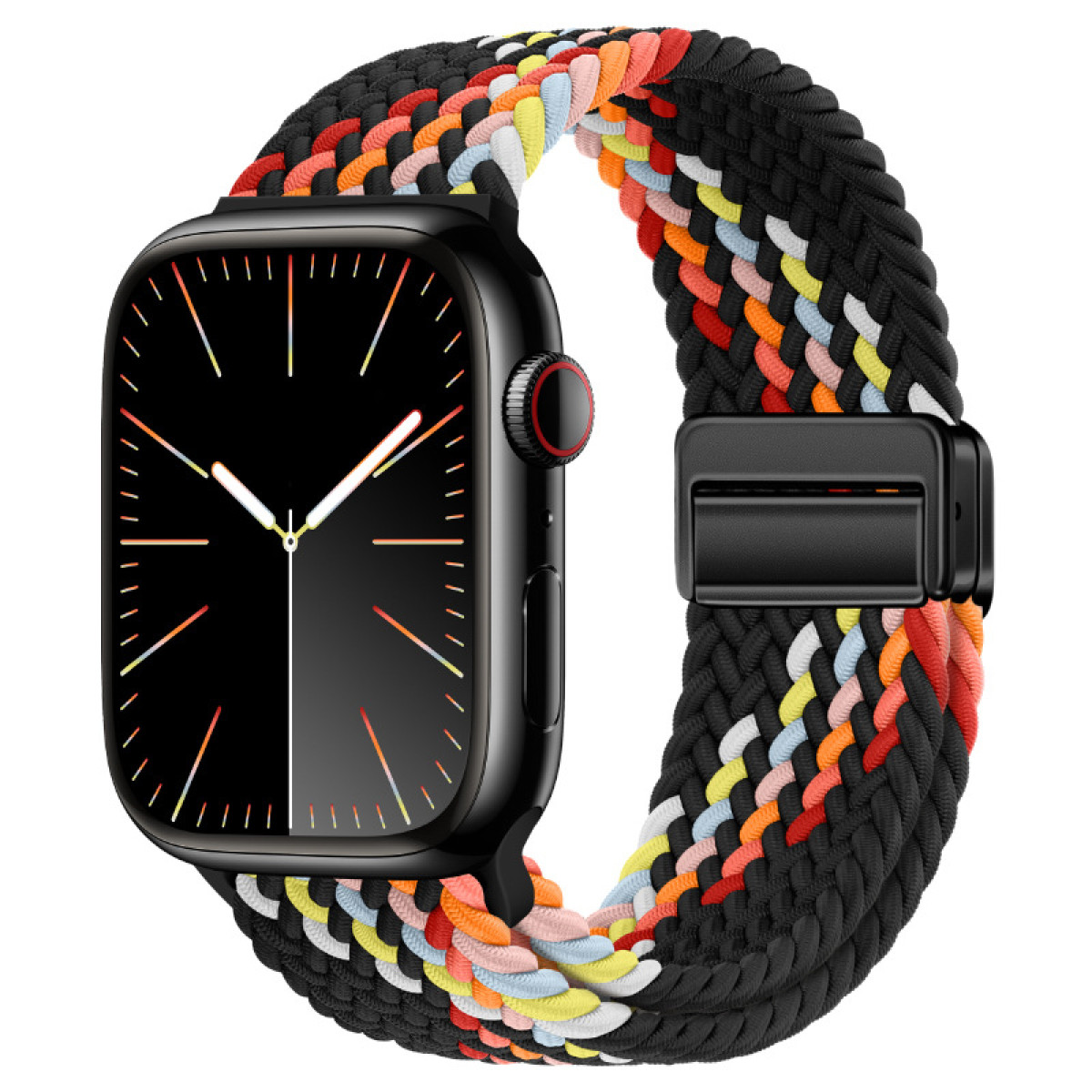 Smartwatch nero con cinturino intrecciato multicolore. Sfondo bianco.
