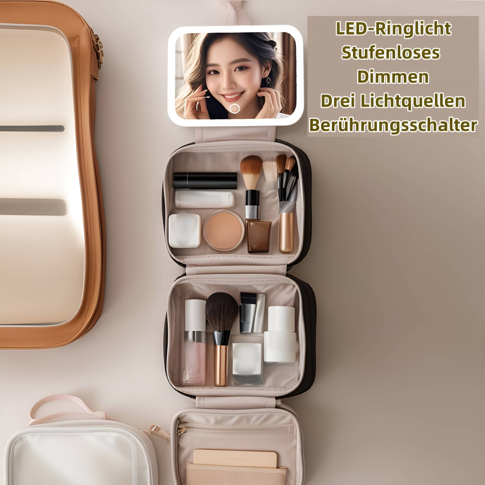 Make-up-Tasche mit Spiegel, Kosmetika und einem Frauengesicht.